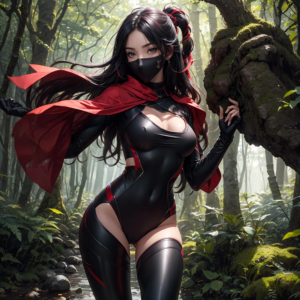 Ninja girl standing in a japnese forest,black full body ninja suit with green design and emarald green diamond on collarbone, long flowing black hair with red highlights, ninja mask covering nose and mouth, beautiful, delicate, 8k,