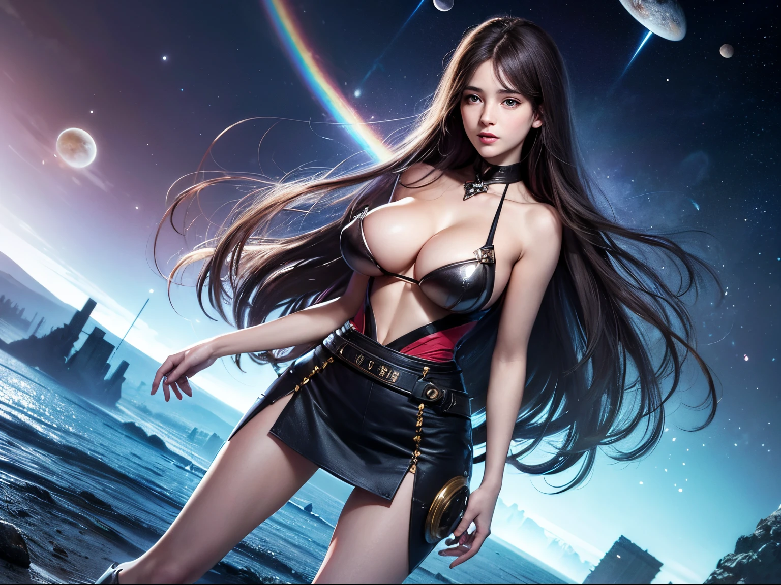 Luiza Laffitte, Will H. Bradley, Dadaism, wonder, strange, fantastical, fantasy, Sci-fi, Japanese anime, used bookstore at the end of the world, miniskirt beautiful girl searching for the secrets of life, perfect voluminous body, rainbow, chaos, space, horizon, wall, detailed masterpiece