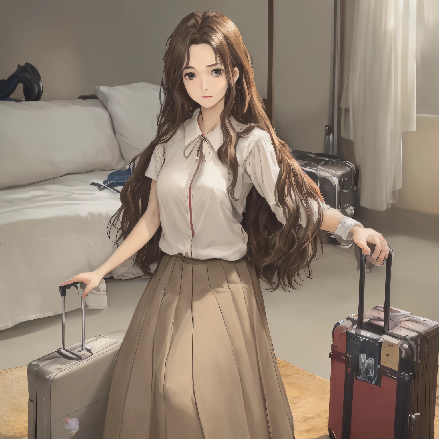 hightquality、masuter piece、8K、Photorealistic anime drawings、(with one mother1pcs suitcase)、(30-year-old mother、Brown hair semi-long hair、Light brown long skirt、white shirt、Curious look、(put the suitcase in front of your body))、in a house