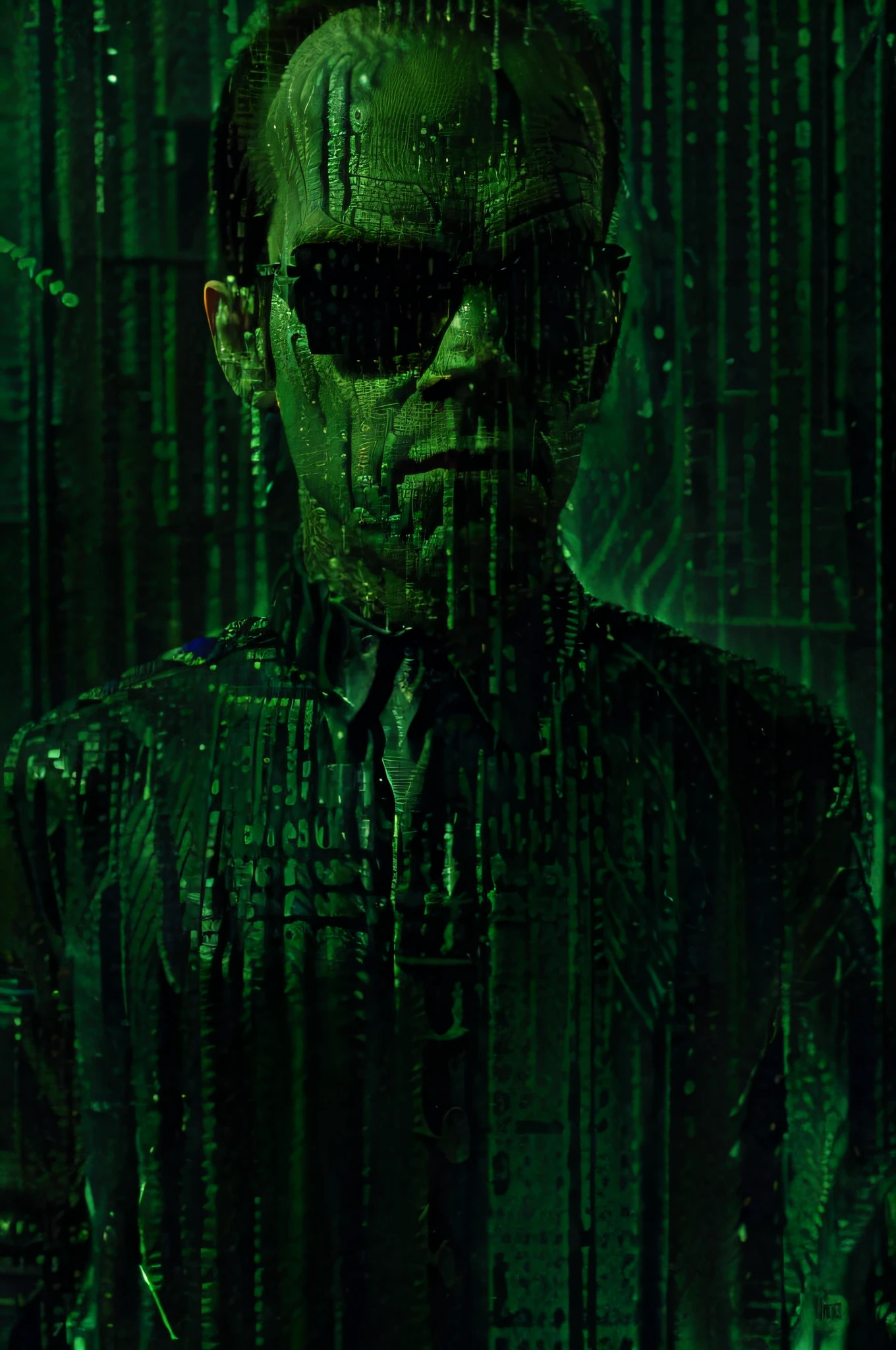 Agent Smith from the movie &quot;The Matrix&quot; aims a Colt pistol at the viewer, 16-bit resolution, Matrix style, greenscale, current streams of digits 1 and 0, against a background of fluorescent green numbers "1" pa "0", Image, formed by glowing green numbers 1 and 0, streams flowing down, Matrix movie style