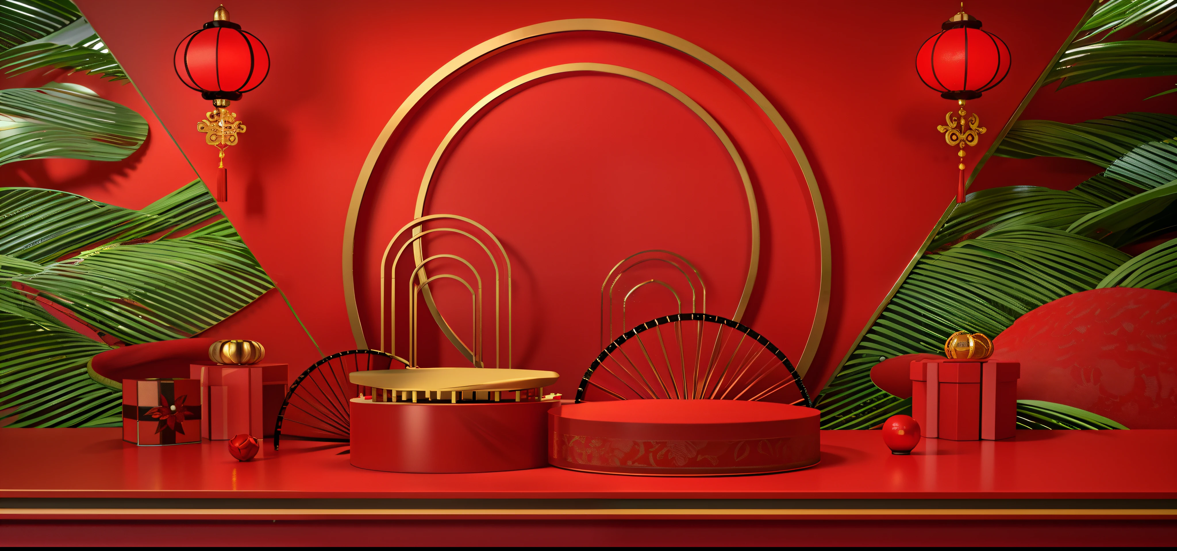 There a red table,Red lanterns,coconut palms,sea beach,Chinese style,4K,Angle of view parallel to eye level,There a mirror and a fan on it, Volumetriclighting. Red, Hongzhen 3D rendering, on a red background, Gold and red metal, Red and movie lighting, red theme, Full of Spring Festival atmosphere, red mood in background, frotting、Blanche、gold color scheme, abstract scene design, raytraced 3d set design