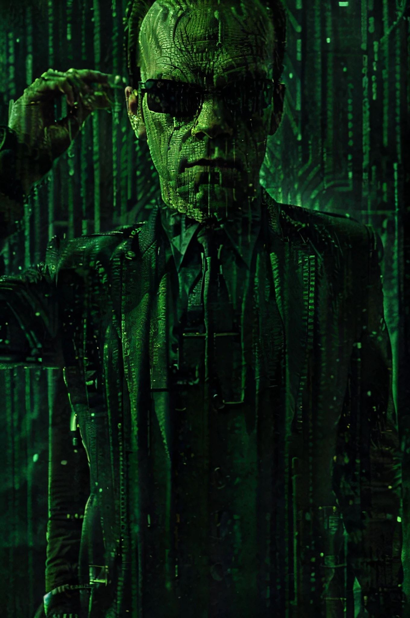 Agent Smith from the movie &quot;The Matrix&quot; aims a Colt pistol at the viewer, 16-bit resolution, Matrix style, greenscale, current streams of digits 1 and 0, against a background of fluorescent green numbers "1" pa "0", Image, formed by glowing green numbers 1 and 0, streams flowing down, Matrix movie style