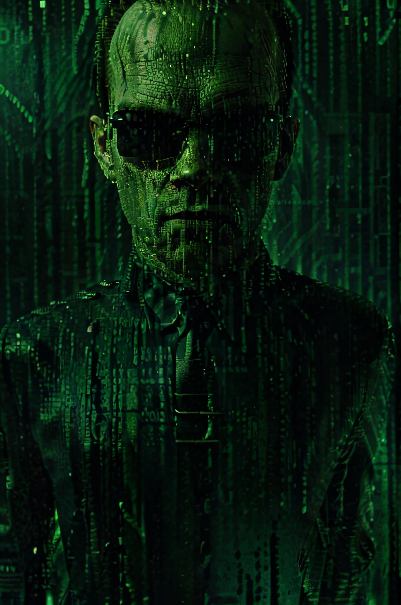 Agent Smith from the movie &quot;The Matrix&quot; aims a Colt pistol at the viewer, 16-bit resolution, Matrix style, greenscale, current streams of digits 1 and 0, against a background of fluorescent green numbers "1" pa "0", Image, formed by glowing green numbers 1 and 0, streams flowing down, Matrix movie style