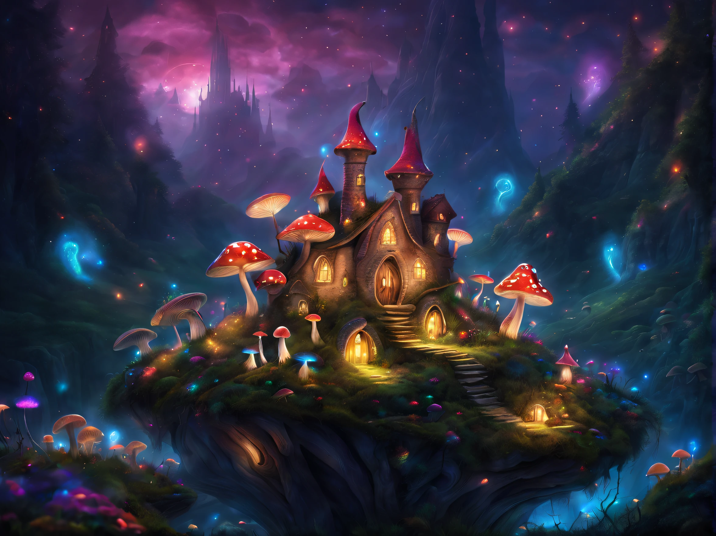 (fairy village:1,5),Fantastic and magical, Atmospheric, Obsessed, Fantasy Mushroom World, There  a mysterious castle there，There are mushrooms and magic in every color everywhere, Ethereal elves, glowing neon lights, Magical creatures roam among mushrooms, mystical ambiance, Whimsical charm, vivd colour, Fantastical Atmosphere, mysterious creature, Glowing Elves, enchanting landscape, magical light, Charming mushrooms, captivating lighting, Fantasy realm, otherworldly beauty, magical aura, mesmerizing charm, Ethereal charm, Charming elves, Vibrant and surreal, Glowing mushrooms,A mysterious castle，surreal dreamscape, Mystic energy, Field of magic, Charming mushrooms, Charming and magical, flash lights, Fantastical Atmosphere, dreamlike landscapes, Whimsical castle, amazing scenery, Glamorous spirits, attractive beauty, Ethereal charm, whimsically，with dynamism, otherworldly realm, A brightly lit wonderland.