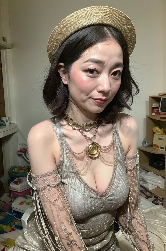 (Top image quality、top-quality、Top resolution、masterpiece)、a matural female、45 yers old、being thin、With heavy makeup、(Wearing silver and gold lace underwear:1.2)、Wearing a hat、(tilt the body)、(Old house)、Jumbled background、 (Messy room:1.5)、(Jewelry, underwear, cosmetics, and dolls are scattered around.:1.2)