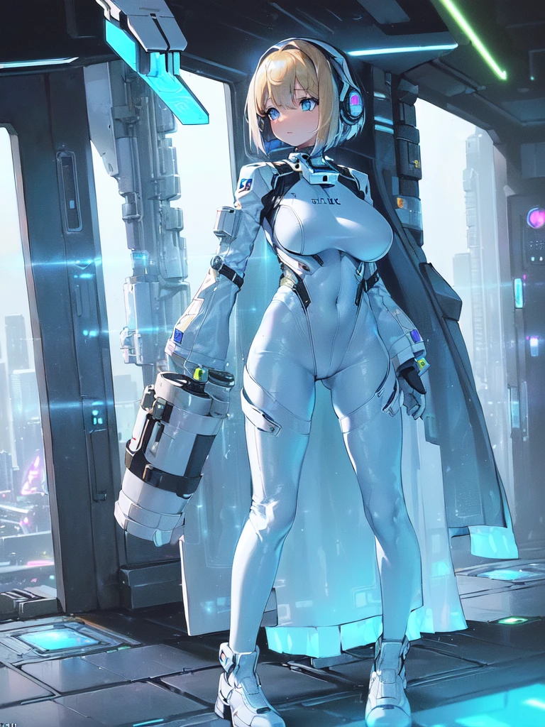 masterpiece:1.4, 1girl in ((20yr old, Wearing a futuristic white and silver costume, Tight Fit Bodysuit, long boots, Very gigantic-breasts, Multicolored blonde hair, a short bob, Perfect model body, Blue eyes:1.2, Wearing headphones, Looking out the window of the futuristic sci-fi space station、While admiring the beautiful galaxy:1.2, SFSF control room on night background:1.1, Neon and energetic atmosphere:1.2)) ((Galaxy))Translucent skin,White bodysuit, Mechanical, Cowboy Shot, spaces, Sitting, From above, Large breasts, bones