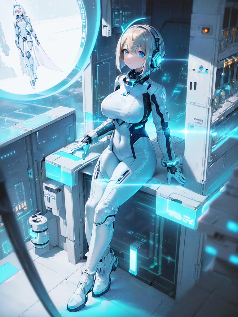 ​masterpiece:1.4, 1girl in ((20yr old, Wearing a futuristic white and silver costume, Tight Fit Bodysuit, long boots, Very gigantic-breasts, Multicolored blonde hair, a short bob, Perfect model body, Blue eyes:1.2, Wearing headphones, Looking out the window of the futuristic sci-fi space station、While admiring the beautiful galaxy:1.2, SFSF control room on night background:1.1, Neon and energetic atmosphere:1.2)) ((Galaxy))Translucent skin,White bodysuit, Mechanical, Cowboy Shot, spaces, Sitting, From  above, Large breasts, bones