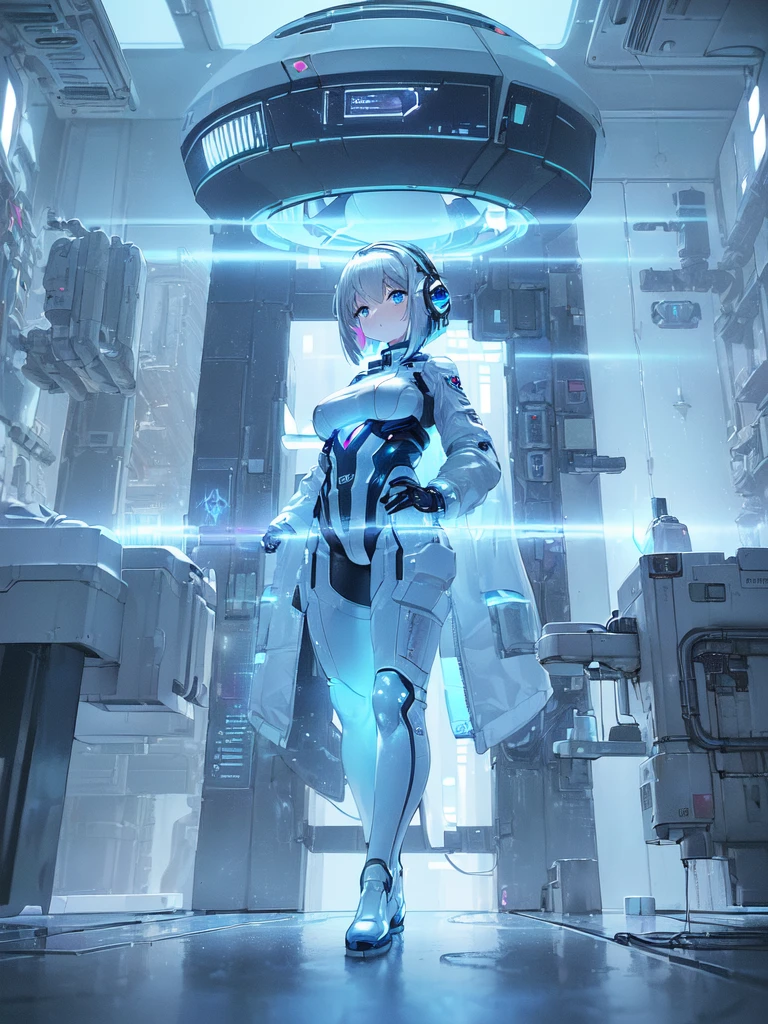 ​masterpiece:1.4, 1girl in ((20yr old, Wearing a futuristic white and silver costume, Tight Fit Bodysuit, long boots, Very gigantic-breasts, Multicolored blonde hair, a short bob, Perfect model body, Blue eyes:1.2, Wearing headphones, Looking out the window of the futuristic sci-fi space station、While admiring the beautiful galaxy:1.2, SFSF control room on night background:1.1, Neon and energetic atmosphere:1.2)) ((Galaxy))Translucent skin,White bodysuit, Mechanical, Cowboy Shot, spaces, Sitting, From  above, Large breasts, bones