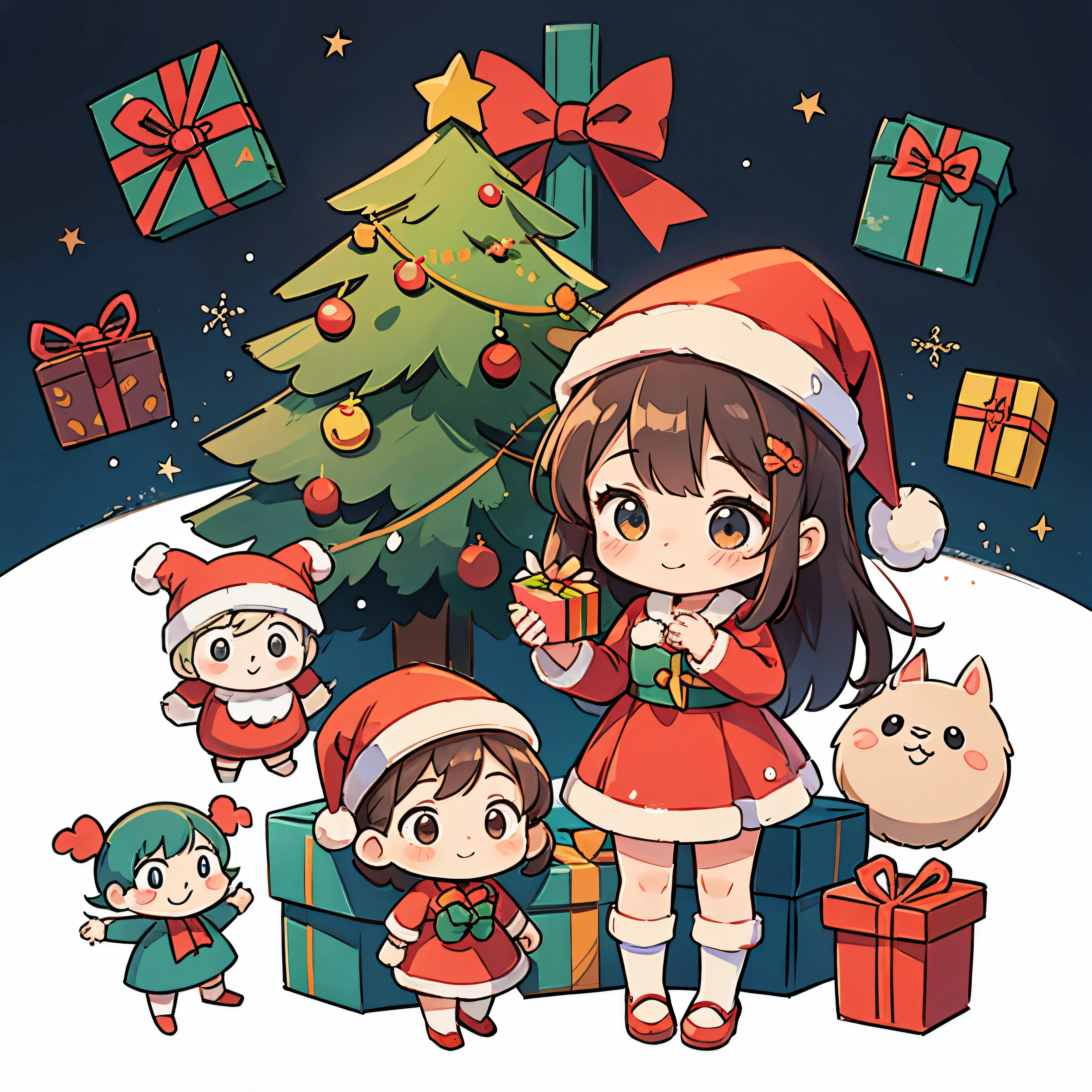 fundo vermelho,A cute girl dressed as Santa Claus and a gift、A smile、Chibi doll