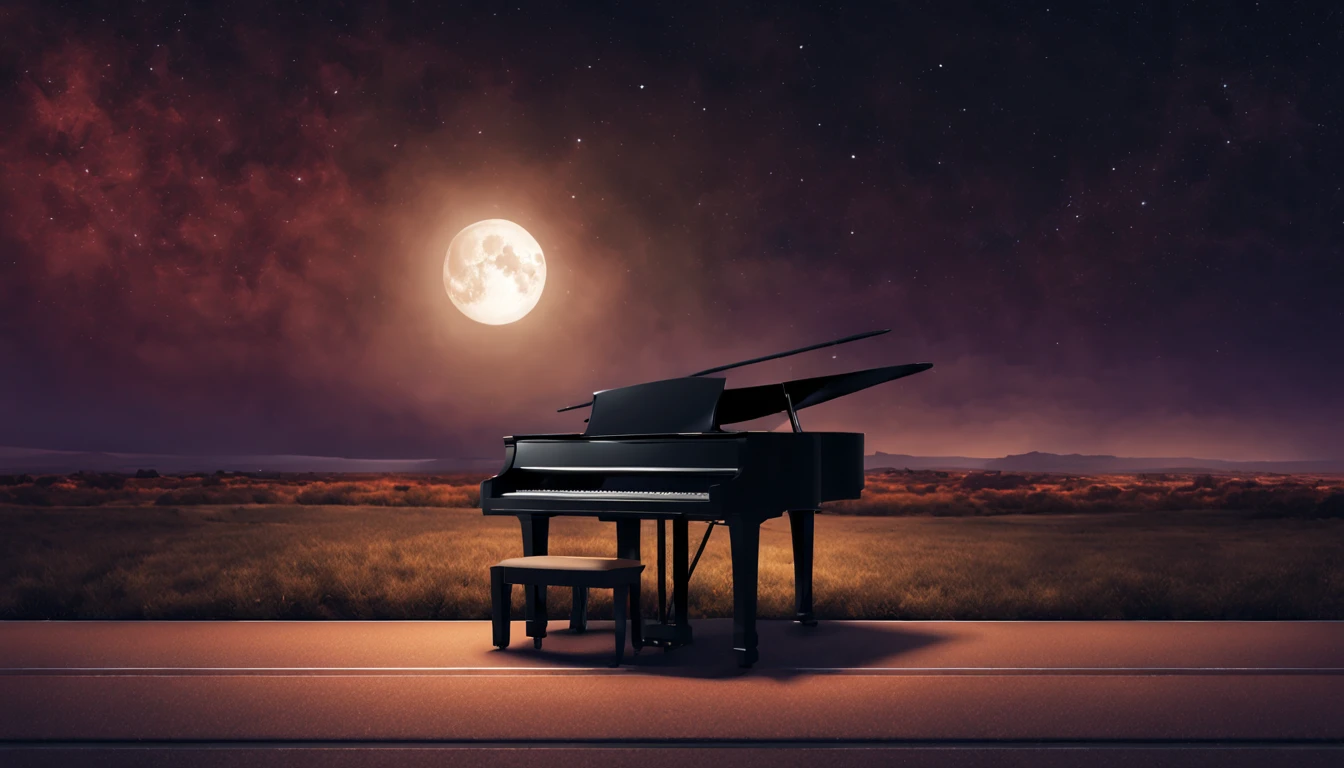 Piano on the road. Night sky with a bright moon. High Quality. Realistic.