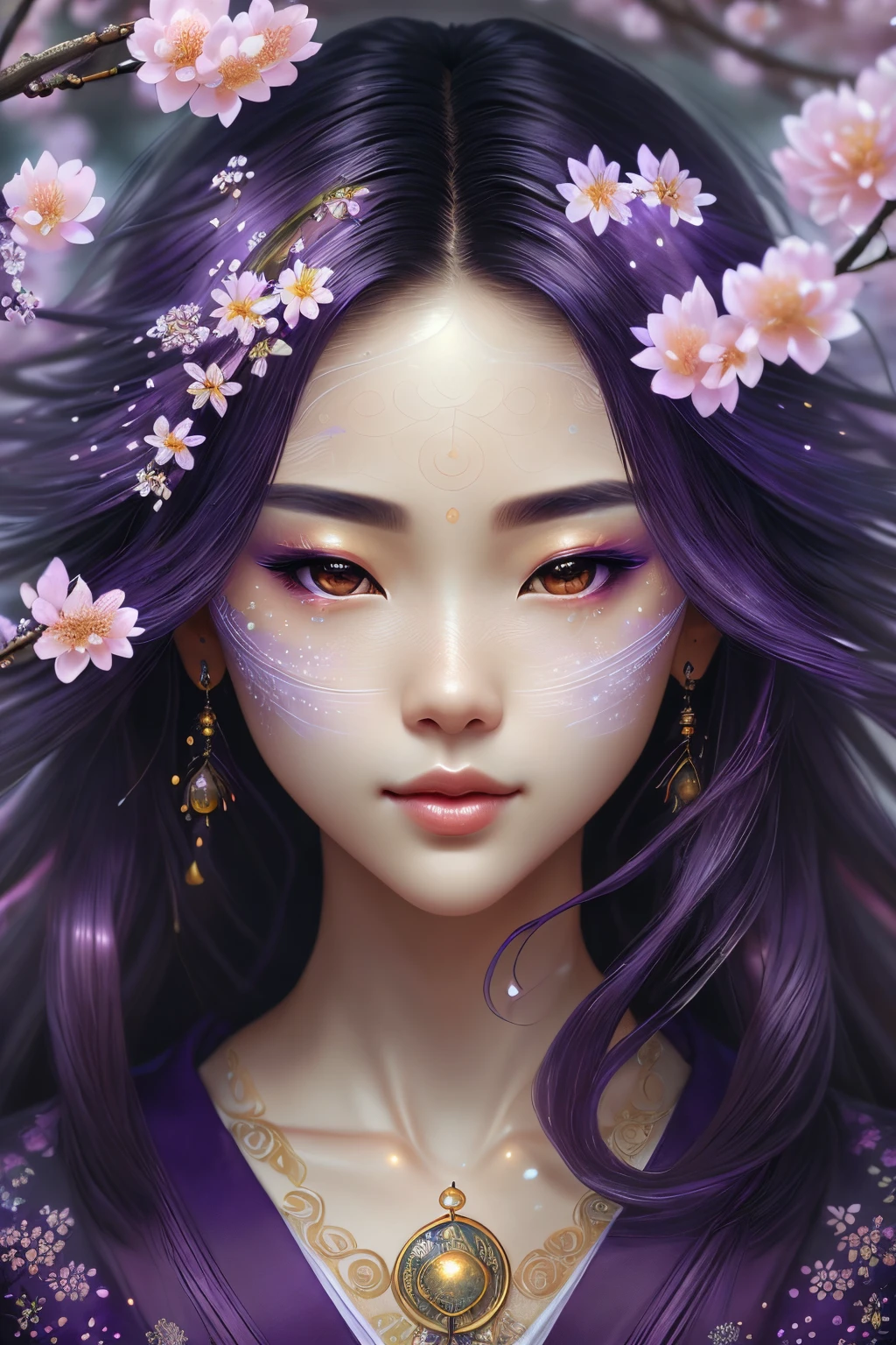 (best quality,4k,8k,highres,masterpiece:1.2),ultra-detailed,(realistic,photorealistic,photo-realistic:1.37),portrait,mysterious Japanese girl,transcendent entity, vibrant purple energy,shadow with extraordinary realism,viewer perspective,faint glow,flowing hair,traditional kimono,blossoming cherry trees,serene garden,subtle sunlight,delicate cherry blossoms,soft breeze,calm expression,peaceful atmosphere,ethereal ambiance,supernatural aura,purple mist,tranquil pond,reflection of the girl and the entity,symbols of Japanese culture,subtle brush strokes,dreamlike atmosphere,subtle ethereal lighting,sublime beauty,meticulous attention to detail,vibrant color palette,ethereal color scheme,element of mystery,graceful pose,uncanny beauty,subtle hint of magic,storytelling element,sublime artwork,masterful composition,meticulous facial features,intricate details in the eyes and lips, exquisite texture of the kimono,subtle details in the surroundings.
