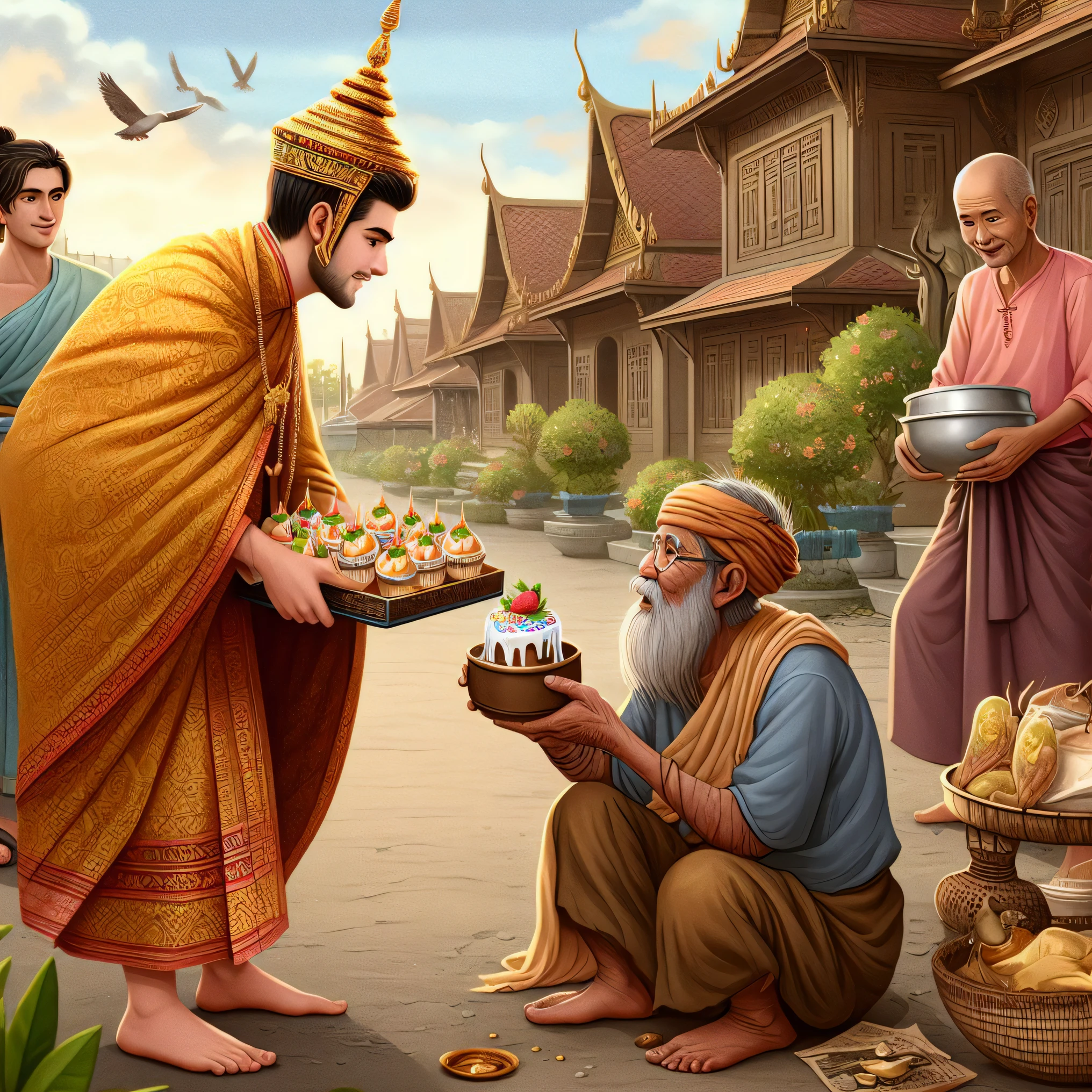 there are many people standing around a man holding a cake, from ramayan, buddhism, begging for alms, monk clothes, temple background, holy man looking at ground, beautiful depiction, by Daryush Shokof, patiphan sottiwilaiphong, thailand art, offering a plate of food, tradition, temple fair, tithi luadthong