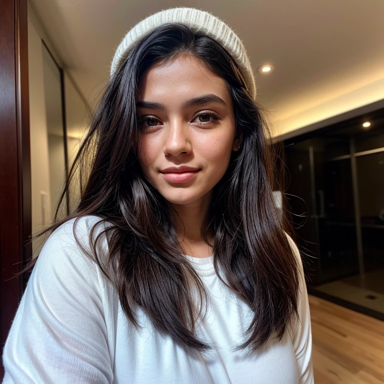 portrait of a 23-year-old individual with black hair falling to shoulder length, swept across the forehead. Dark brown eyes are widely spaced, accompanied by a small nose. The lips are noticeably enlarged and enticing. The face round, featuring childlike features with full cheeks and Slavic characteristics. The bust size H, and the skin tone white. More natural pose. Smile. Phone photo. Little bit fat