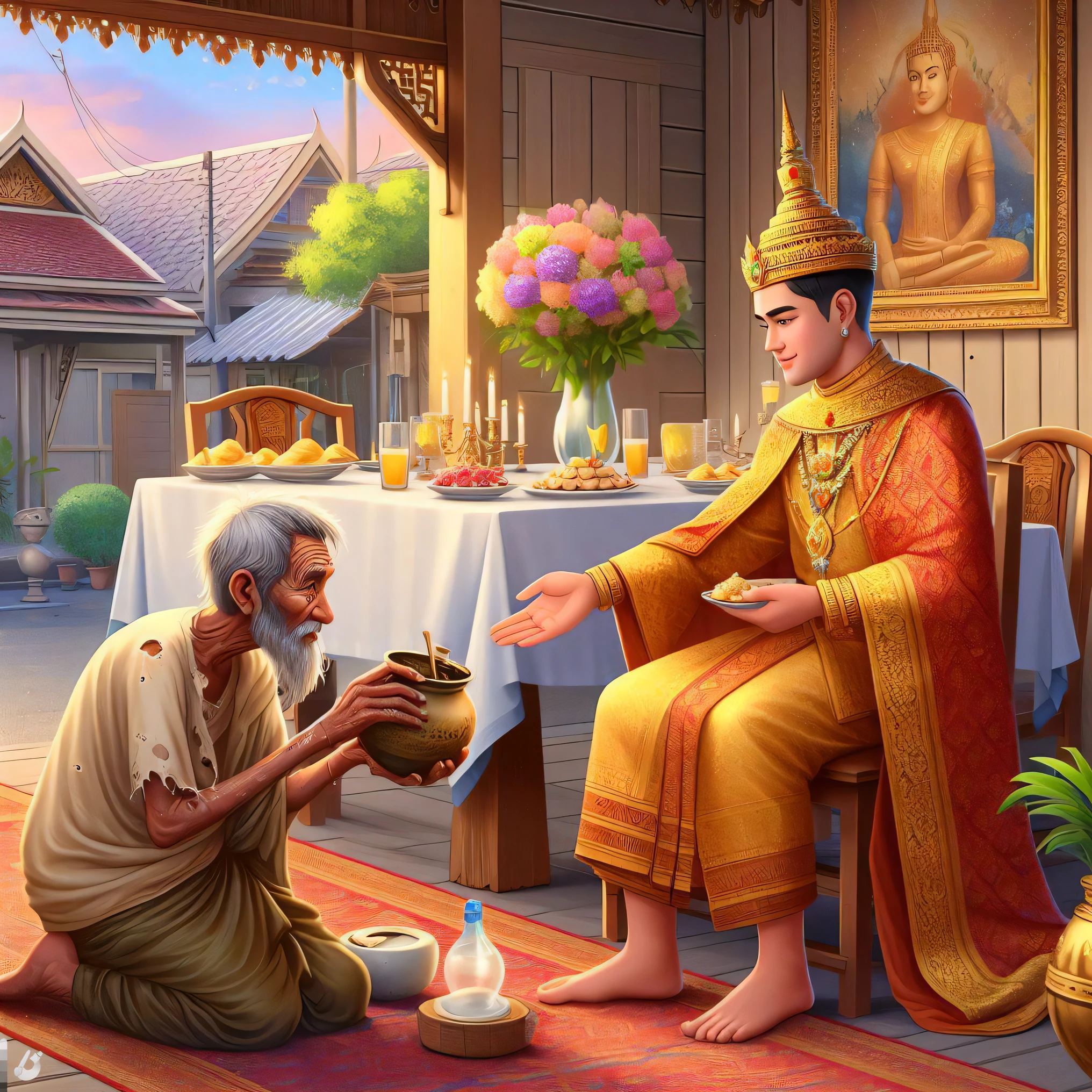 a painting of a man and a woman sitting on a rug, thailand art, tithi luadthong, patiphan sottiwilaiphong, begging for alms, granting him a noble title, celebrating a king being crowned, in style of thawan duchanee, beautiful depiction, buddhism, thawan duchanee, a beautiful artwork illustration