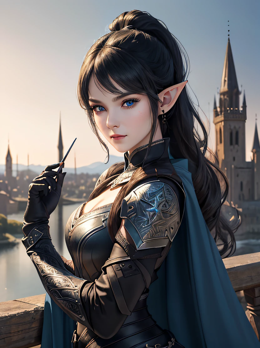 ((masterpiece、top-quality、ultra-detailliert、hight resolution、foco nítido、Photorealsitic、lighting like a movie))、Beautiful 40 year old female elf upper body portrait、Face the camera、cowboy shot、Focus from the chest up、elaborately patterned cloth cloak、Richly textured black leather armor and leggings、Delicately carved black plate armor、Black leather gloves、tall、well-proportioned figure、A dark-haired、Hairstyle Ponytail、Seductive blue eyes、Sharp eyes、hyperdetailed face、elf'Ears、Detailed ears、A detailed eye、Detailed hand depiction、Dynamic action、Beautiful medieval cityscape and castle in the background、Detailed background depiction