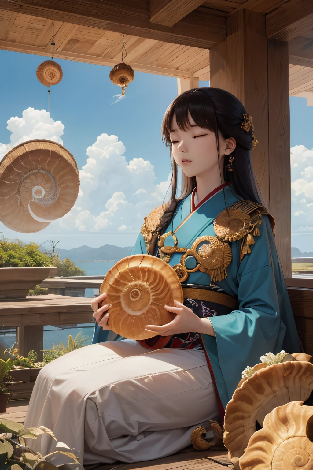 Yixin Zeng, Naohisa Inoue, Surreal, mysterious, strange, fantastical, fantasy, Sci-fi, Japanese anime, giant ammonite fossil, beautiful girl sleeping leaning against it, perfect voluminous body, blue sky, clouds,