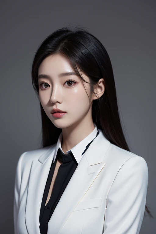 Close-up of a professional woman wearing a white suit and black shirt, Avatar profile picture，beautiful young korean woman