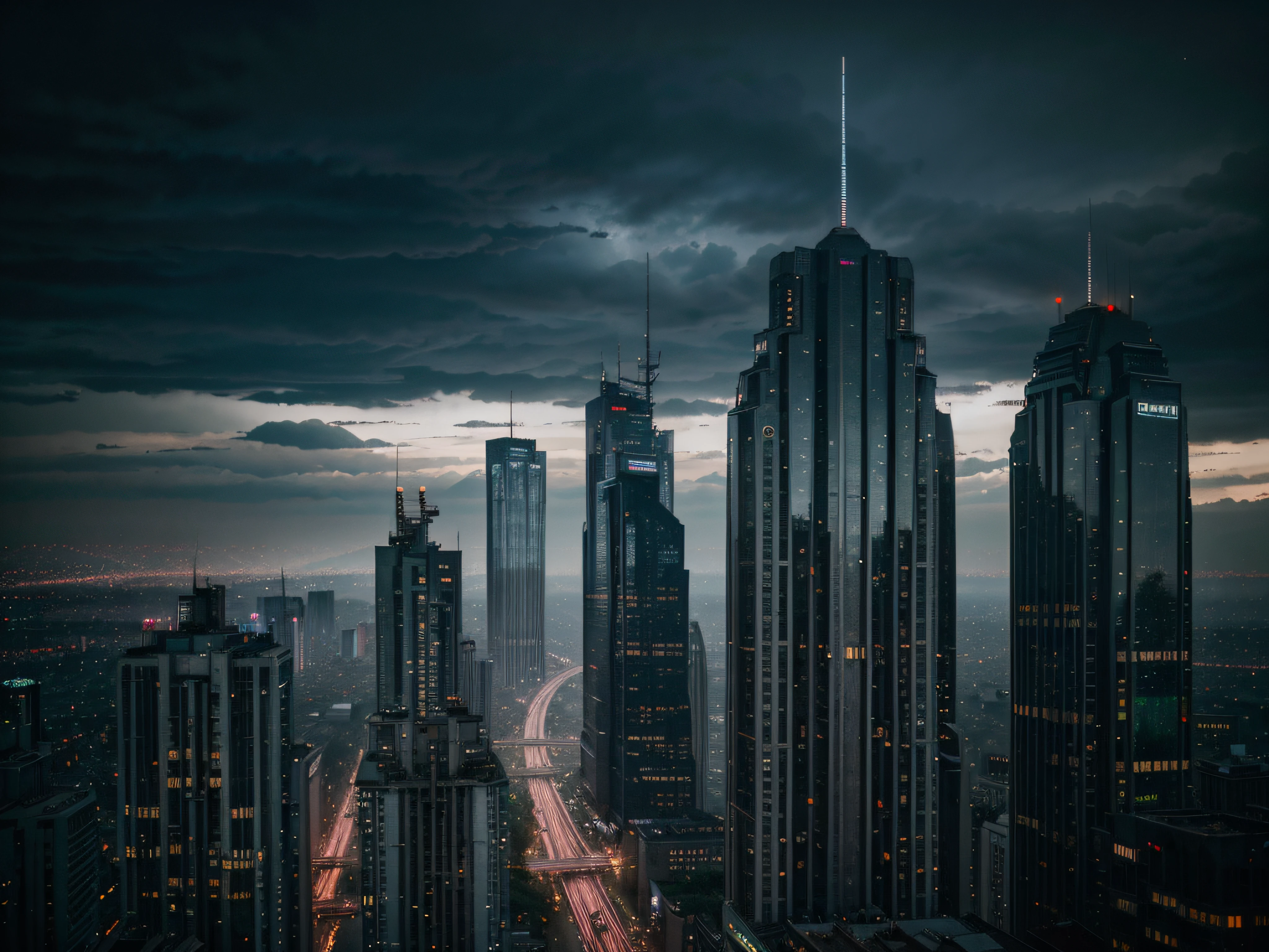 trees, nature, feel good inc, scenic, cyberpunk, dark, futuristic, abstract, future civilization, buildings, post apocalyptic, gorillaz, technology, detailed, high quality photography, dark grey tint, epic city, amazing, flying vehicles, cinematic, inner city, downtown,