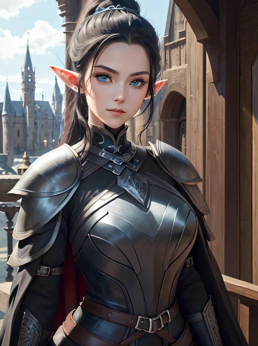 ((​masterpiece、top-quality、ultra-detailliert、hight resolution、foco nítido、Photorealsitic、lighting like a movie))、Beautiful 40 year old female elf upper body portrait、Face the camera、cowboy  shot、Focus from the chest up、elaborately patterned cloth cloak、Richly textured black leather armor and leggings、Delicately carved black plate armor、Black leather gloves、tall、well-proportioned figure、A dark-haired、Hairstyle Ponytail、Seductive blue eyes、Sharp eyes、hyperdetailed face、elf&#39;Ears、Detailed ears、A detailed eye、Detailed hand depiction、Dynamic action、Beautiful medieval cityscape and castle in the background、Detailed background depiction