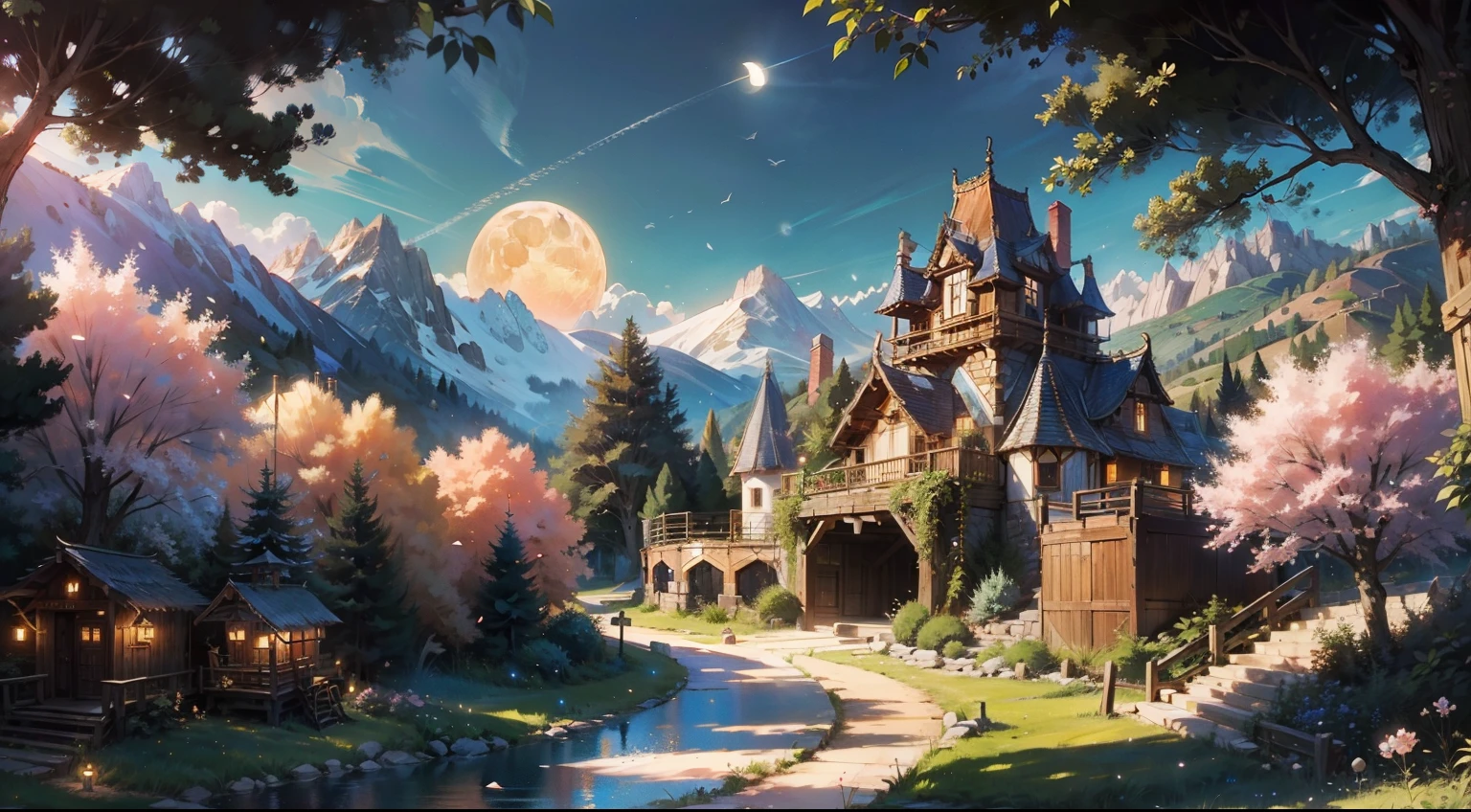 (best qualityer),(tmasterpiece),(ultra - detailed),(high detal),(extremely detaile),(Fairy Village:1,5), The peach forest full of flowers,A rustic and understated forest village hideaway and amusement park,mistic,Hidden deep in the peach forest,Hidden in the mountains,Hide the magic of the peach tree,Hide the magic of the moon