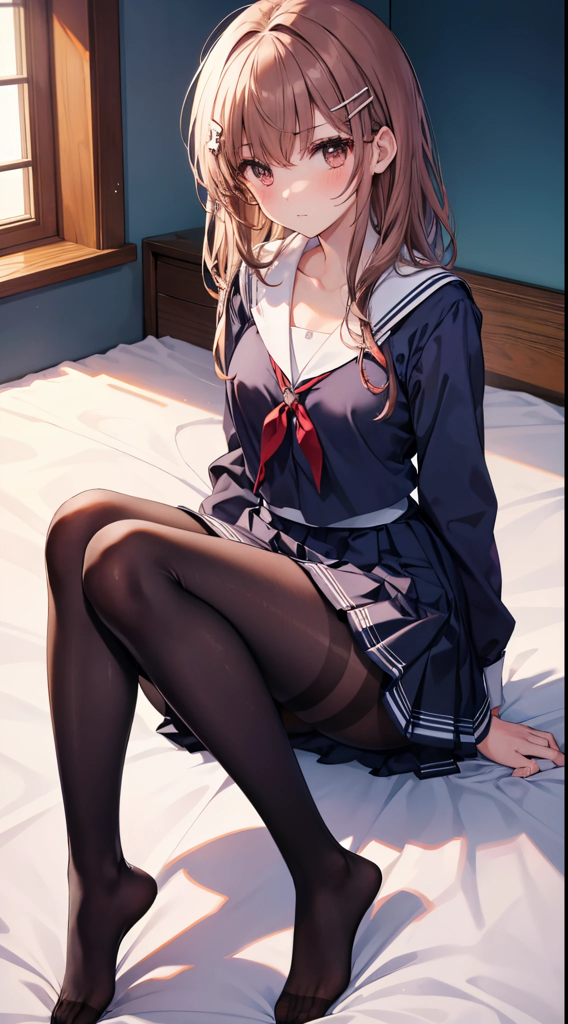 Top quality, masterpiece, insanely detailed, (Full body shot), front view, symmetry, Mature Japanese high school girl, alone, (Solo: 1.3), slender legs, whole body from head to toe, from above, sitting, M-shaped legs, staring at the viewer: 1.3), small breasts, (black pantyhose): 1.2), white panties showing through the stockings, very beautiful girl, no shoes, (Blush: 1.3), Shy big eyes, (Short (brown hairy part), (bangs), messy hair, (hair clip), lying on white sheets, looking at you: 1.3), looking at the camera, white panties visible, white lingerie, high school uniform blazer, high school uniform white blouse, high school uniform blue ribbon, high school uniform plaid and navy pleated short skirt, Misaka Mikoto, brown very long hair, brown eyes