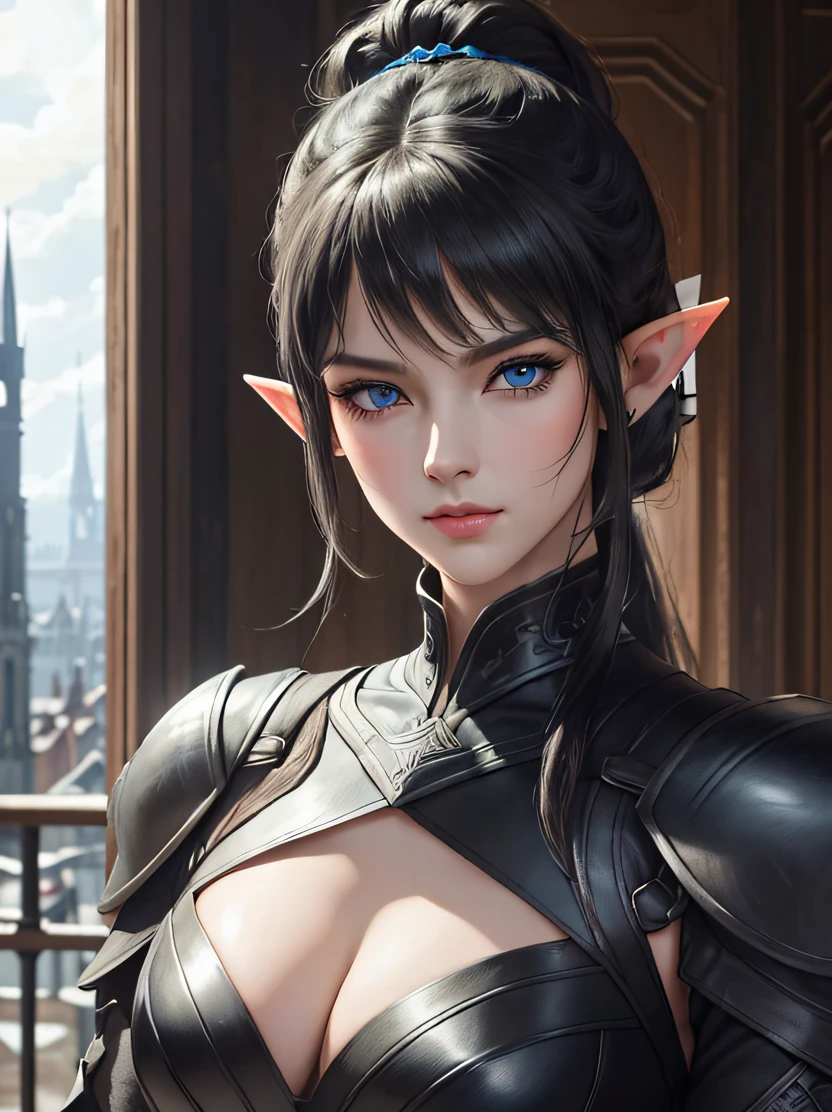((masterpiece、top-quality、ultra-detailliert、hight resolution、foco nítido、Photorealsitic、lighting like a movie))、Beautiful 40 year old female elf upper body portrait、Face the camera、bustshot、Focus from the chest up、elaborately patterned cloth cloak、Richly textured black leather armor and leggings、Delicately carved black plate armor、Black leather gloves、tall、well-proportioned figure、A dark-haired、Hairstyle Ponytail、Seductive blue eyes、Sharp eyes、hyperdetailed face、elf'Ears、Detailed ears、A detailed eye、Detailed hand depiction、Dynamic action、Beautiful medieval cityscape and castle in the background、Detailed background depiction