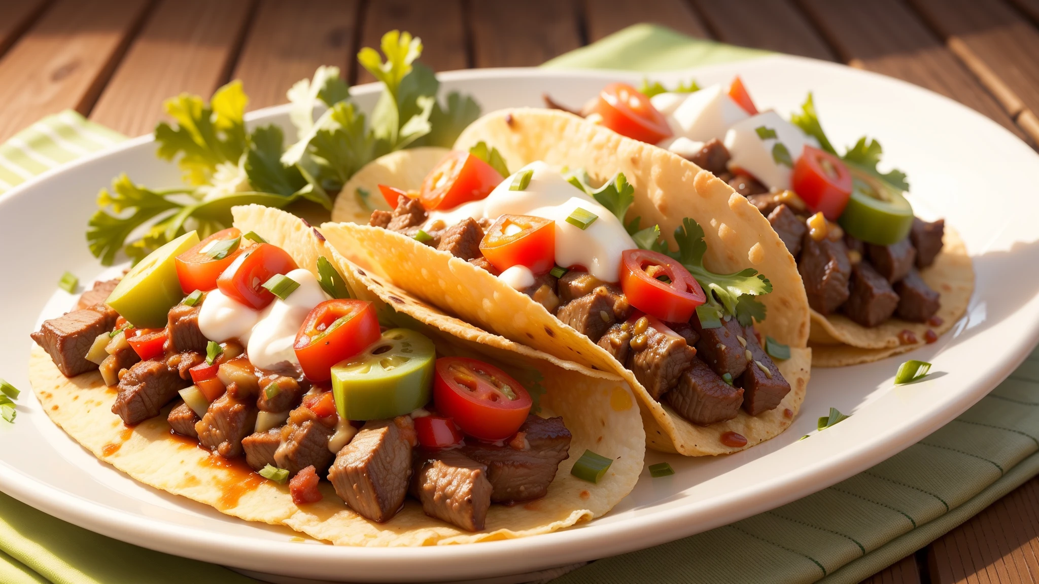 beef and mexico taco with cheese and Sun-Dried onions, cilantro, tomatoes,colorful sauce ,look delicious,only 2 pcs taco in pic