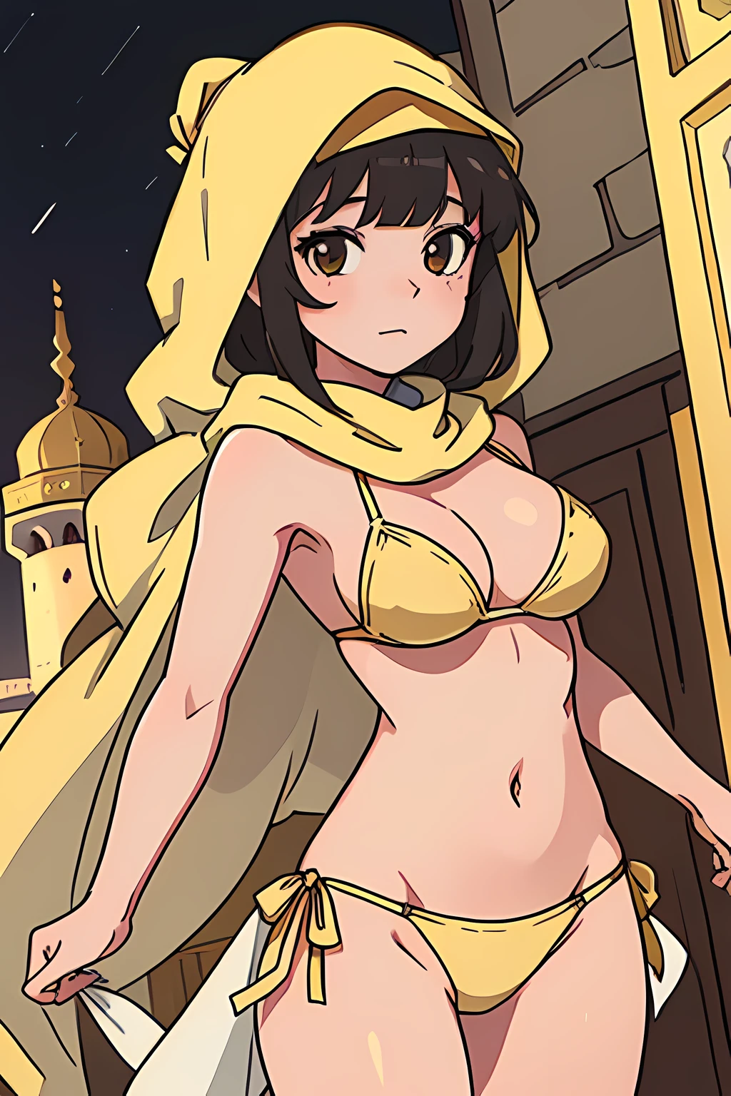 Highly detailed, Ultra High Quality, masutepiece, sharp outline, Front view, Half body shot, Perfect cute anime girl in hijab and ivory and gold bikini, under the boobs, Brunette straight medium hair with bangs, in front of the mosque
