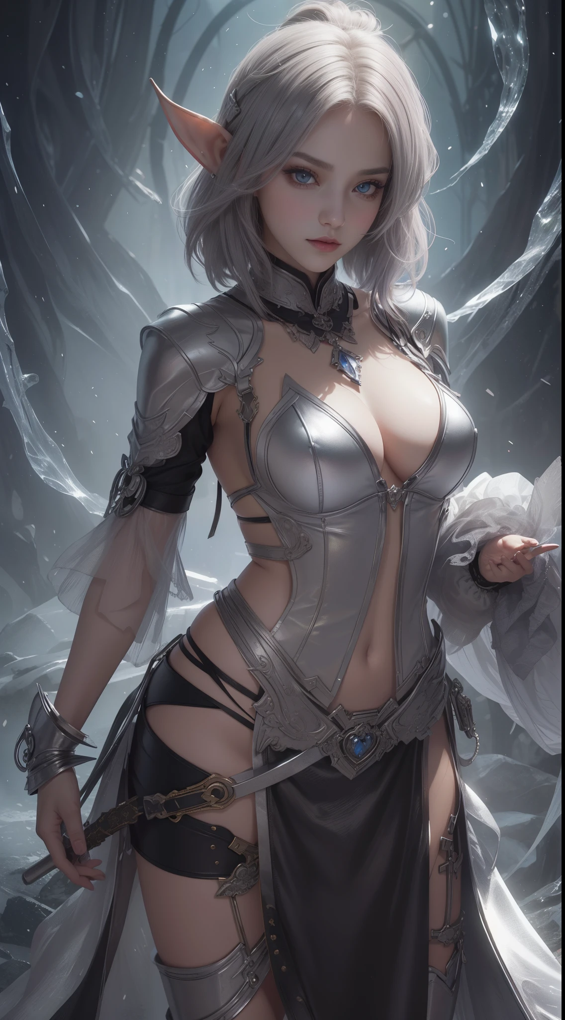 tmasterpiece,Highest image quality,Beautiful bust of a dark elf girl,Exquisite silver hairstyle for short hair,Clear golden eyes,锁链,Leather clothes,Ultra-detailed details,advanced。At the Pixiv Art Station,Break your own power,The kinky exposed,R-18G