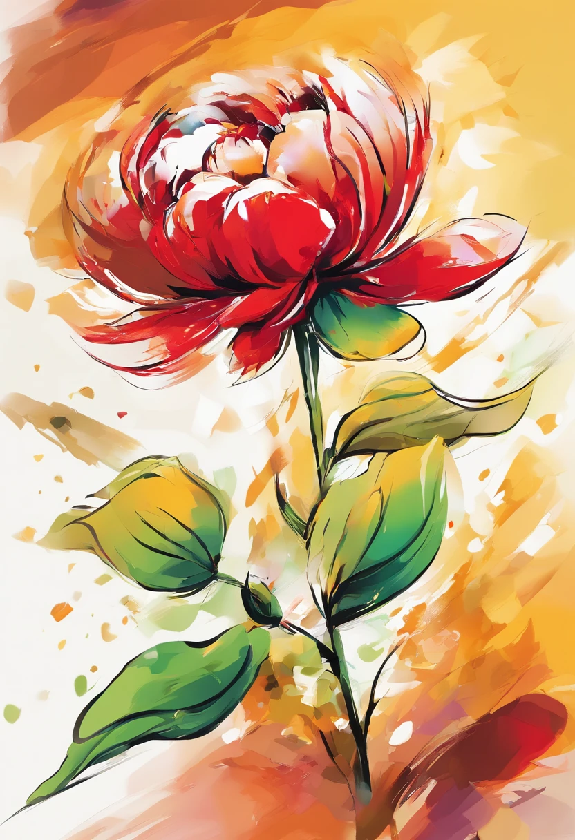 Draw an abstract painting of a single flower.,bright red peony flower、use acrylic paint、Abstract artist known for his unique use of acrylic pouring, real brush strokes，aesthetic composition，Minimal style, hali々Smooth brushstrokes、gorgeous shape、Bright red peonies symbolize pride and dignity.................、express feelings of pride、The main color of the work is bright gold........、Rich and vibrant colors.、Add moist compacted sand、Enhances the texture and tactile elements of your artwork, While staring at this image, oot、Interaction of color and texture、Proudly、Immerse yourself in an elegant atmosphere、full of pride
