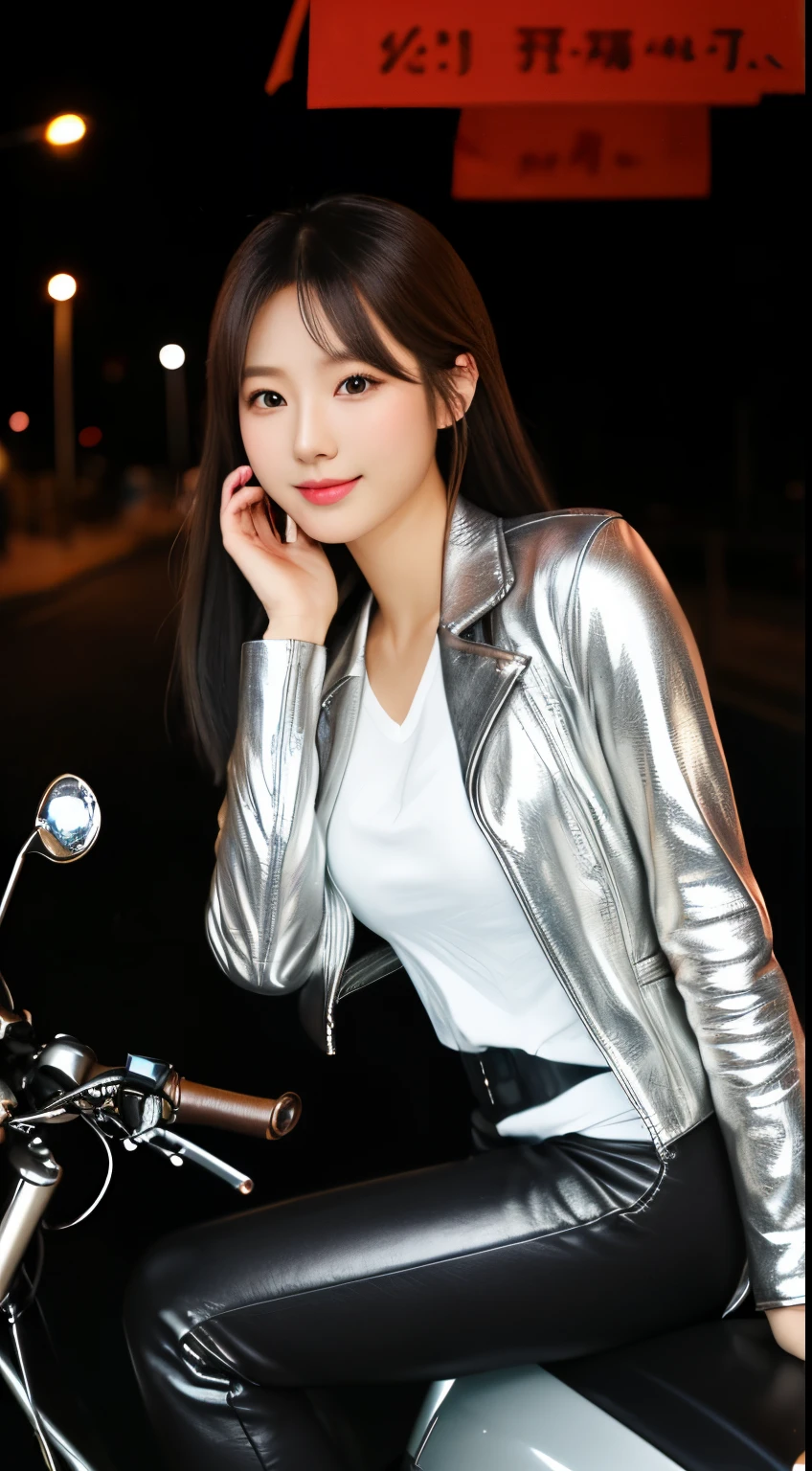 Full body photo, Photos of the entire motorcycle, Japanese cute and beautiful young woman, Ride an old, traditional shiny metallic silver motorcycle at the pier, Charming styling, Shoulder-length shiny smooth light brown hair, Wearing a black leather cycling jacket, Leather black cycling gloves, Leather black pants, Leather black high-heeled boots, Gaze at the night view of the sea, Absolutely beautiful face, 二重まぶた, natural makeup, Long eyelashes, glossy lips, 8K分辨率, high detal, detailed hairstyles, 详细的脸, 黑The eye, Elegant, epic, 电影灯光, octaneratingrendering, A vibrant, hyper realisitc, White skin of the, Perfect limbs, perfect anatomia,8K quality,Nikon D800,