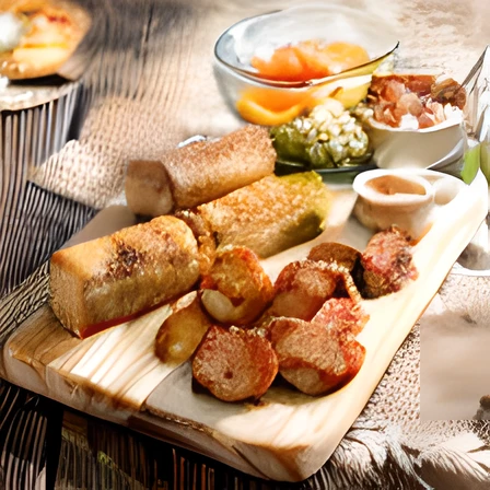 a wooden cutting board topped with meat and vegetables next to a bowl of sauce, nugget and sausage on plate, luscious with sesame seeds, ❤🔥🍄🌪, luscious patty with sesame seeds, umami, by Ni Yuanlu, sandwich with fried tofu, chorizo sausage, one sandwich with fried tofu, great quality ), yummy, grain”, bao phan, sausages
