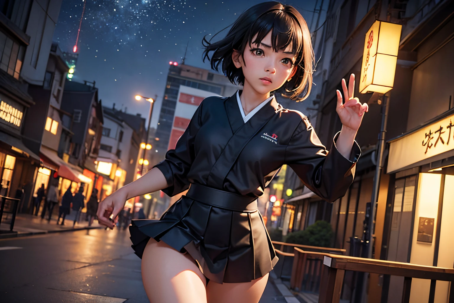 Makoto Aida, Alicia Austin, Surreal, mysterious, strange, fantastic, fantasy, Sci-fi, Japanese anime, paper body, 3D model, city on paper, running miniskirt beautiful girl, perfect voluminous body, detailed masterpiece cinematic lighting