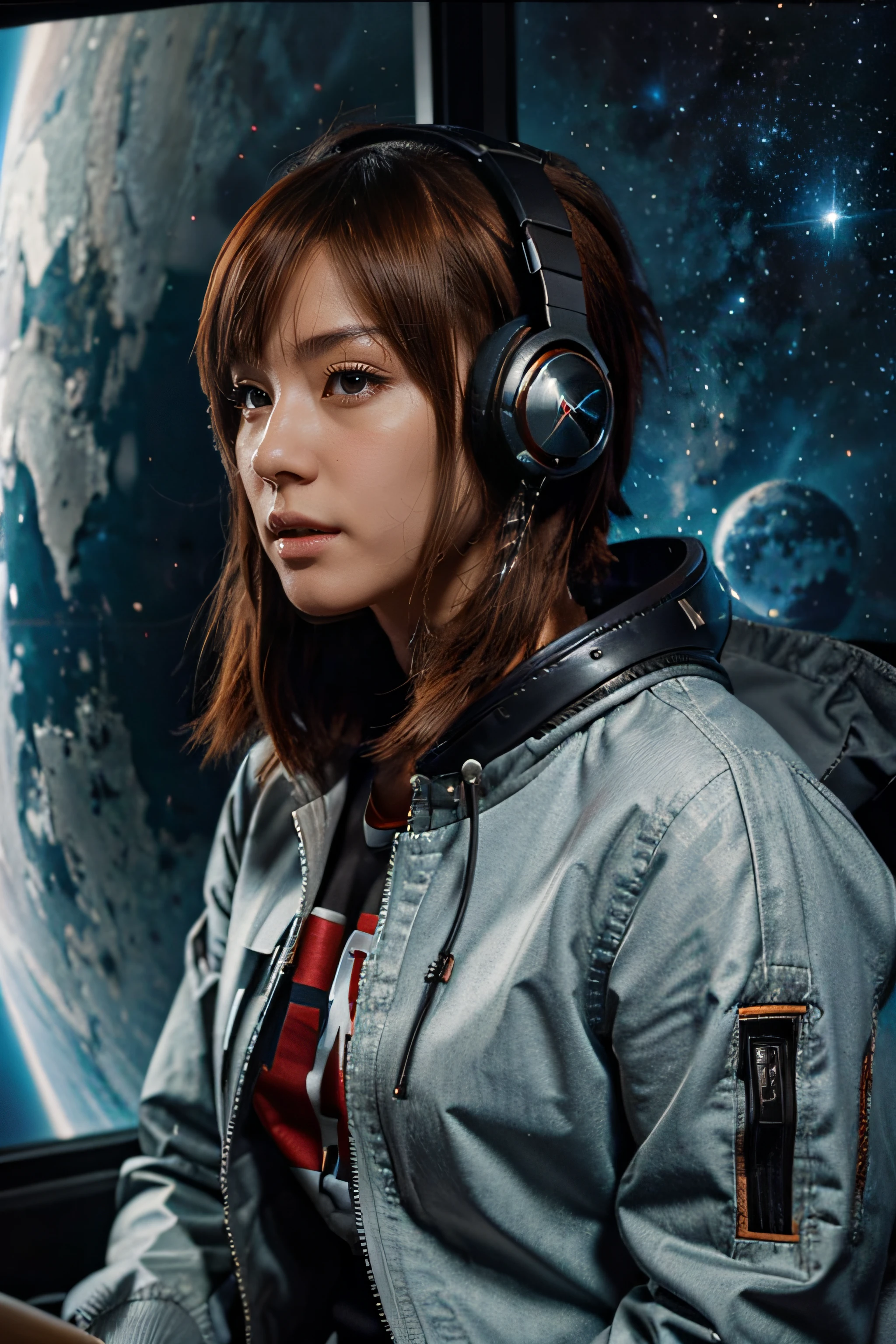 space fighters, japanaese girl, planet, Wolf cut hair, headphones with microphone, half red hair、half brown hair