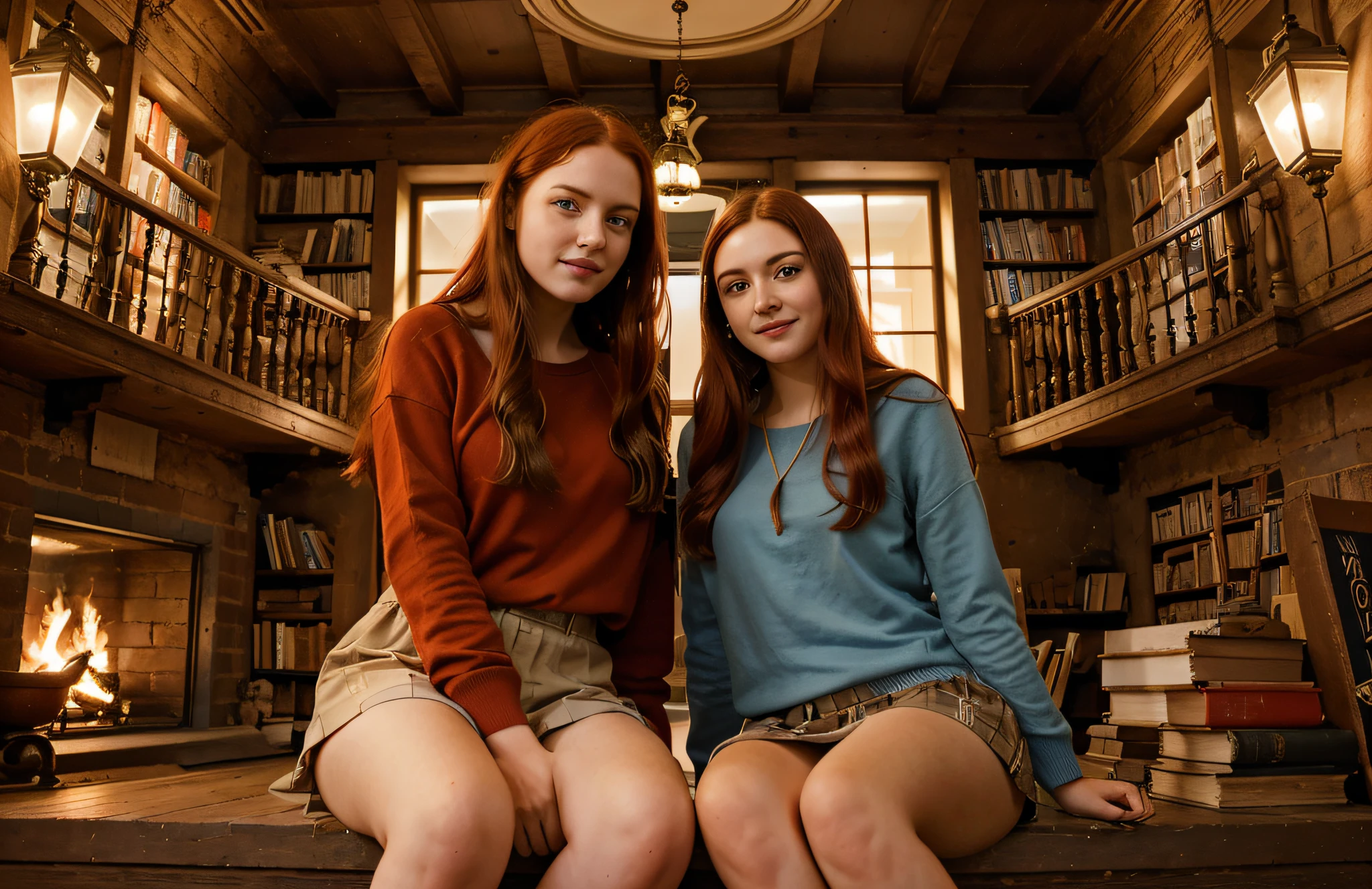 create more detail, lifelike eyes, beautiful faces, the shorter girl has plaited black hair and the tall girl has long red hair, they are in love