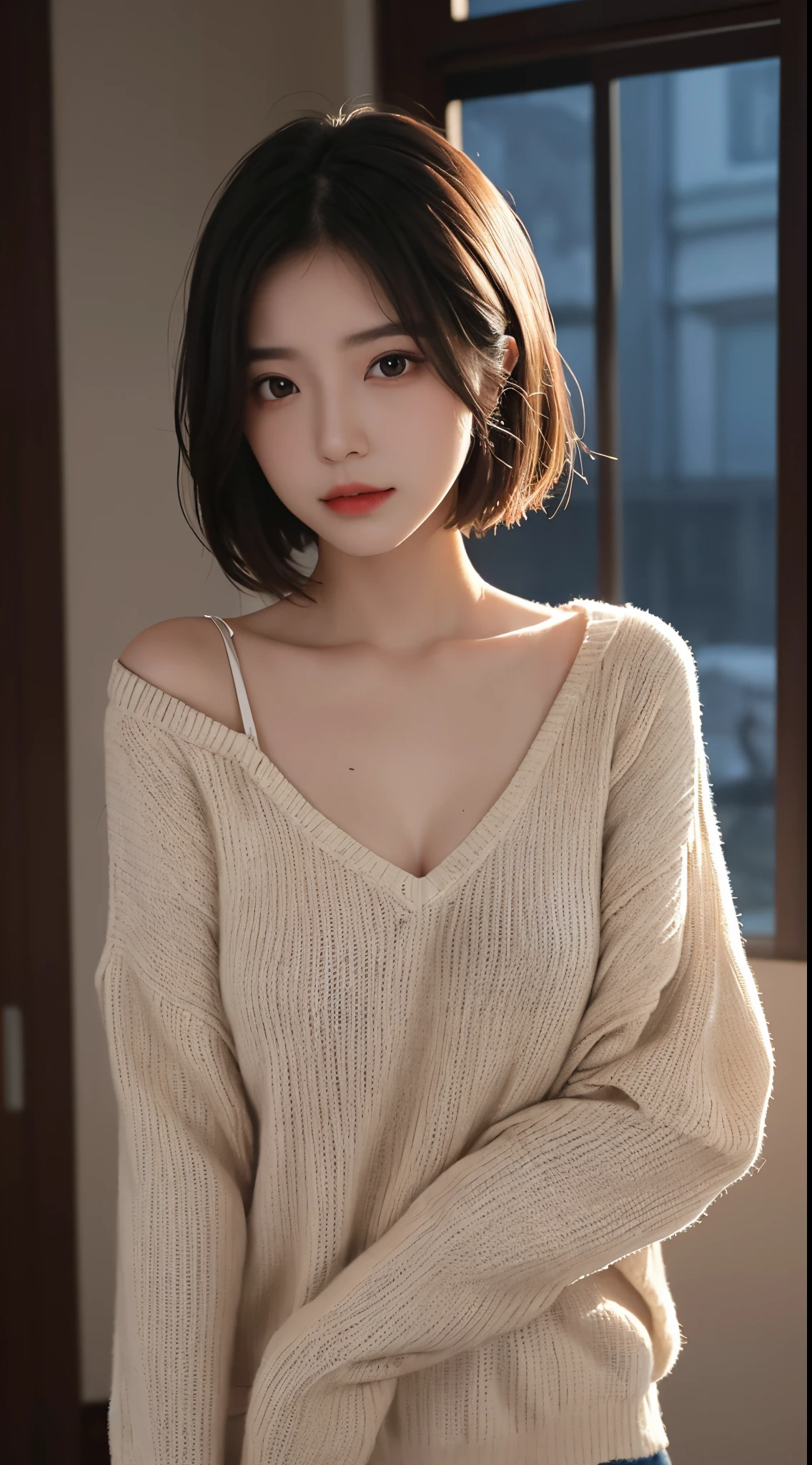Arab asian woman in sweater and panties posing for photo, a photorealistic painting by Leng Mei, CG society hot topic, Photorealism, Short hair, Photorealistic anime girl rendering, Trending on cgstation, Beautiful Asian Girl, Soft Portrait Shot 8k, 8K Portrait Rendering, Gorgeous Chinese Model, Cinematic. Ren Jun, Japanese Model