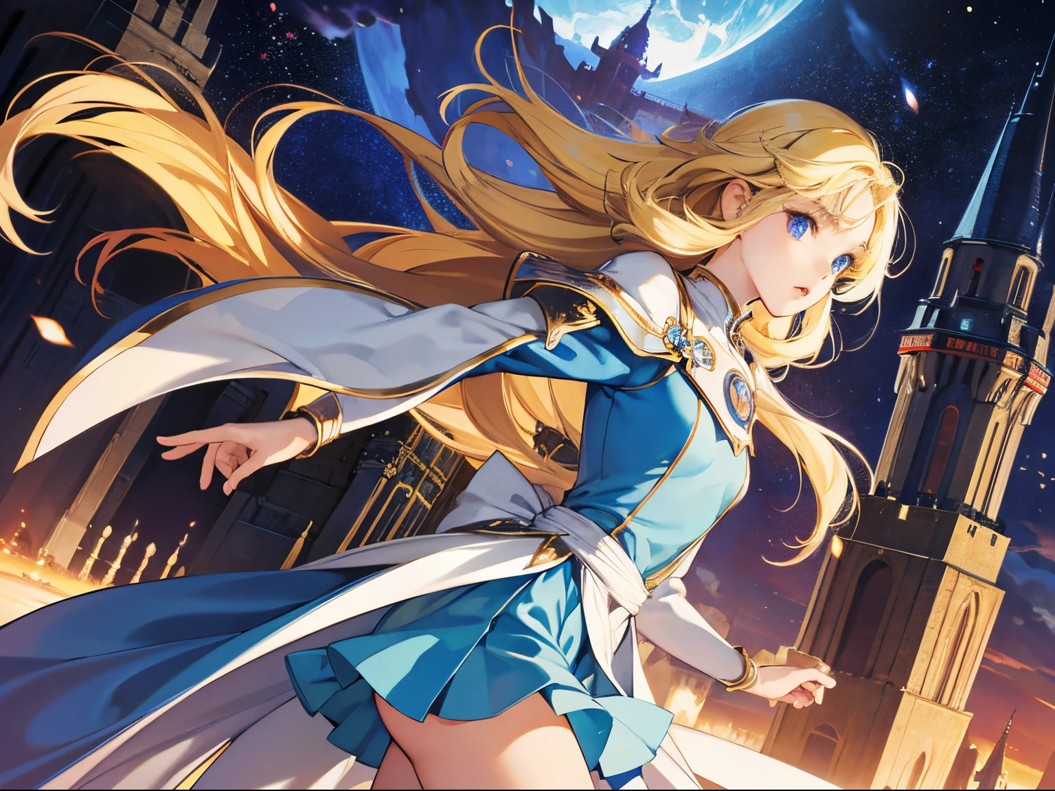 Jeff Easley, Mariko Mori, Ume Aoki, Surreal, mysterious, strange, fantastical, fantasy, Sci-fi, anime, beautiful blonde miniskirt girl Alice who winds the screw of time, perfect voluminous body Time Castle, detailed masterpiece