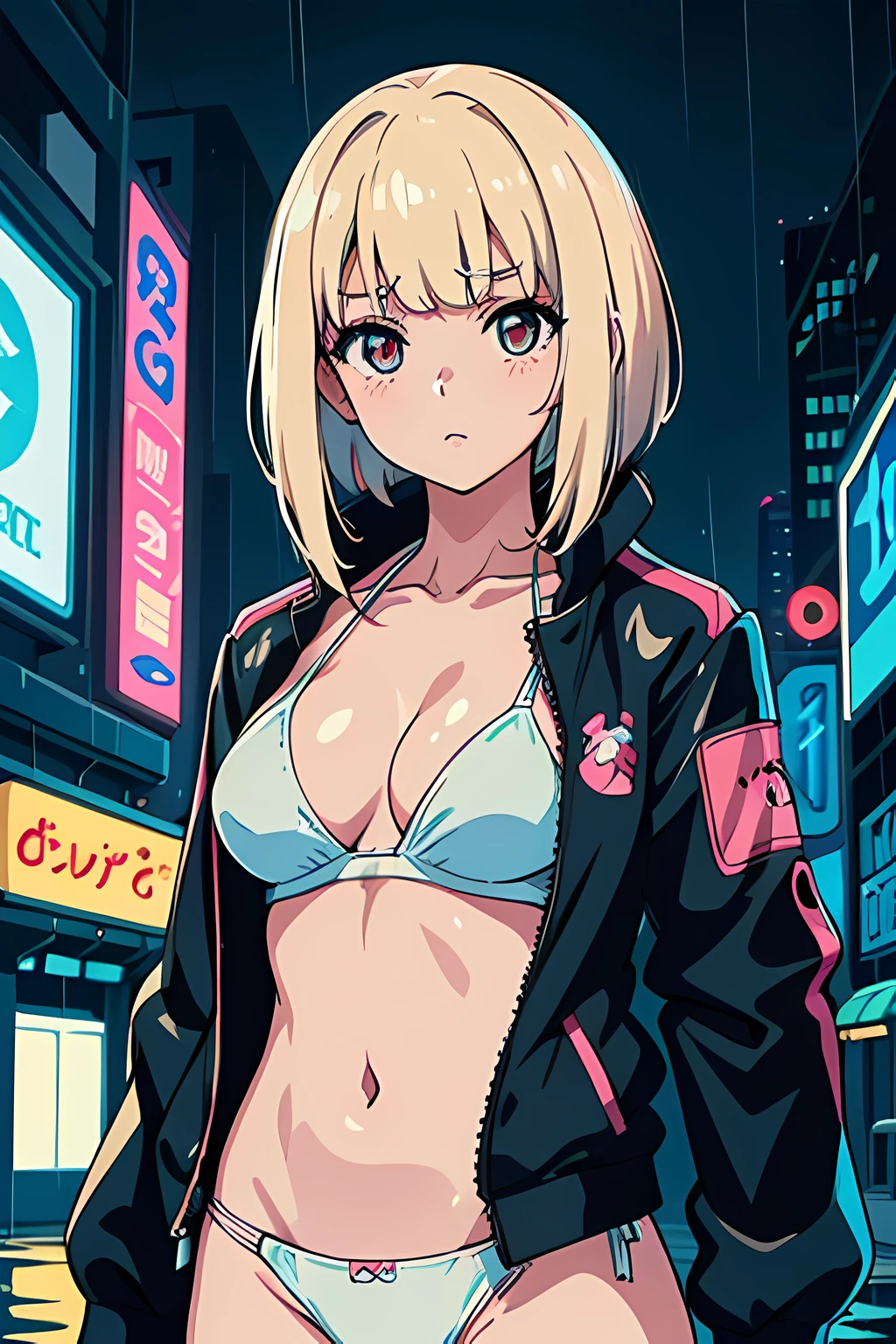 Highly detailed, Ultra High Quality, masutepiece, Front view, Half body shot, sharp outline, Perfect cute anime girl soaking wet in ivory bikini and jacket, Brunette straight medium hair with bangs, Cyberpunk city waterfront in the rain, neon light