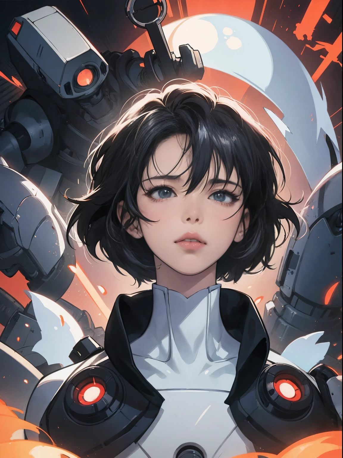 Ghost in the shell in 0s retro anime style, Robotics, sci-fy, A futuristic, hyper realisitc, akira style, Advanced Litigation, detailed line art, finely detailled, Greg Rutkowsky Shinkai Makoto Kyoto Animation Key Art Female Head-Up Shot