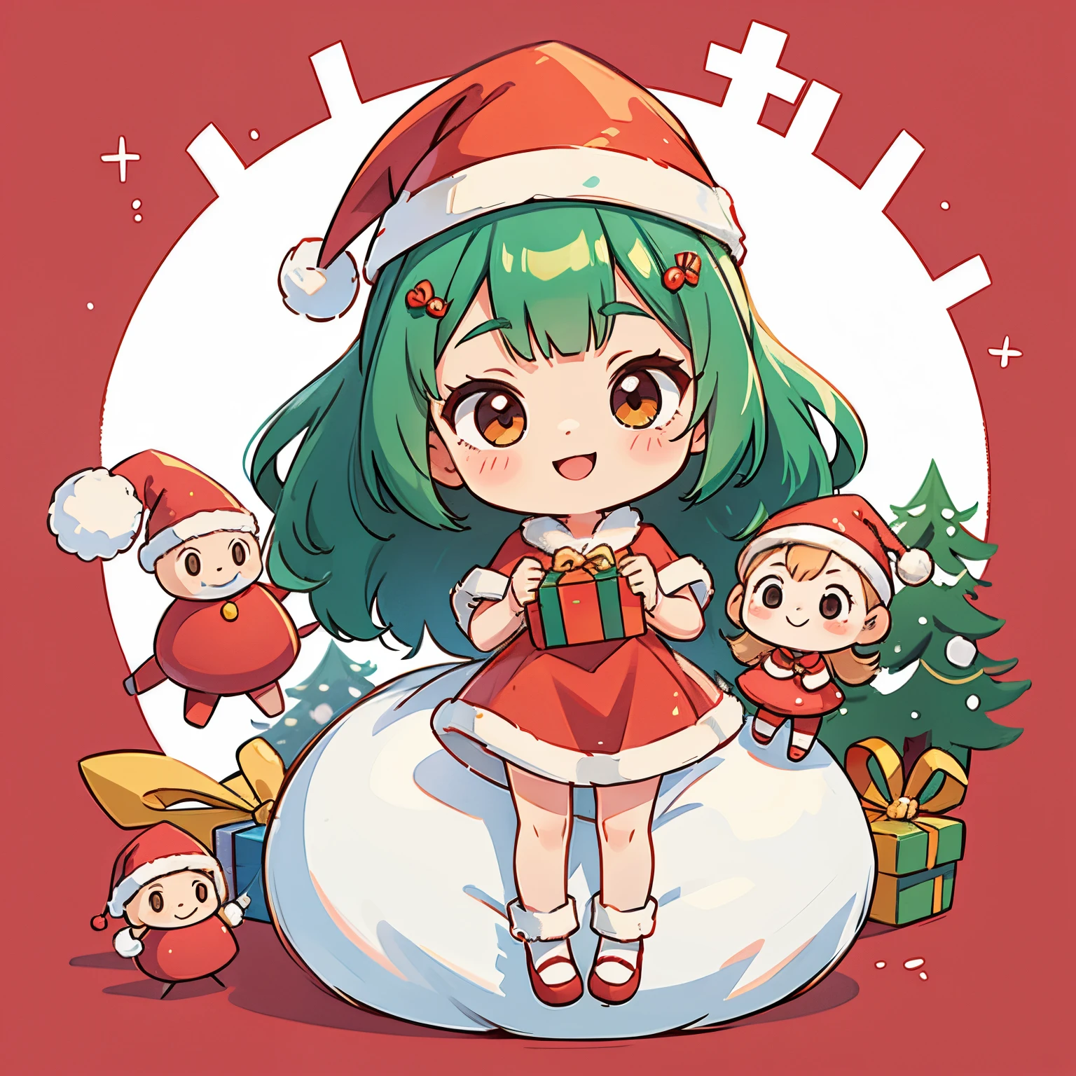 fundo vermelho，A cute girl dressed as Santa Claus and a gift、Smiling chibi doll