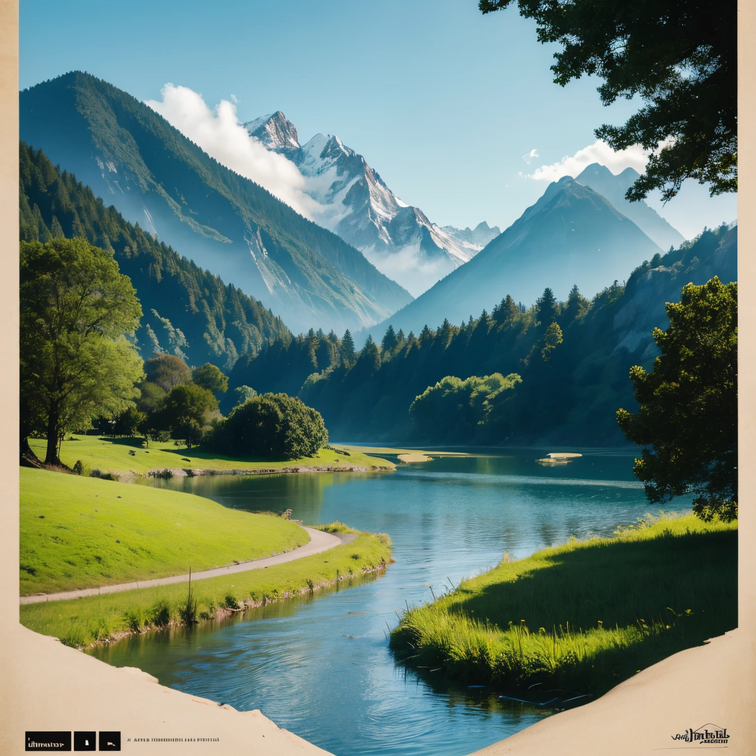 Create a poster with the theme of mountains, rivers, forests, fields, lakes, grass, sand,  and sea.