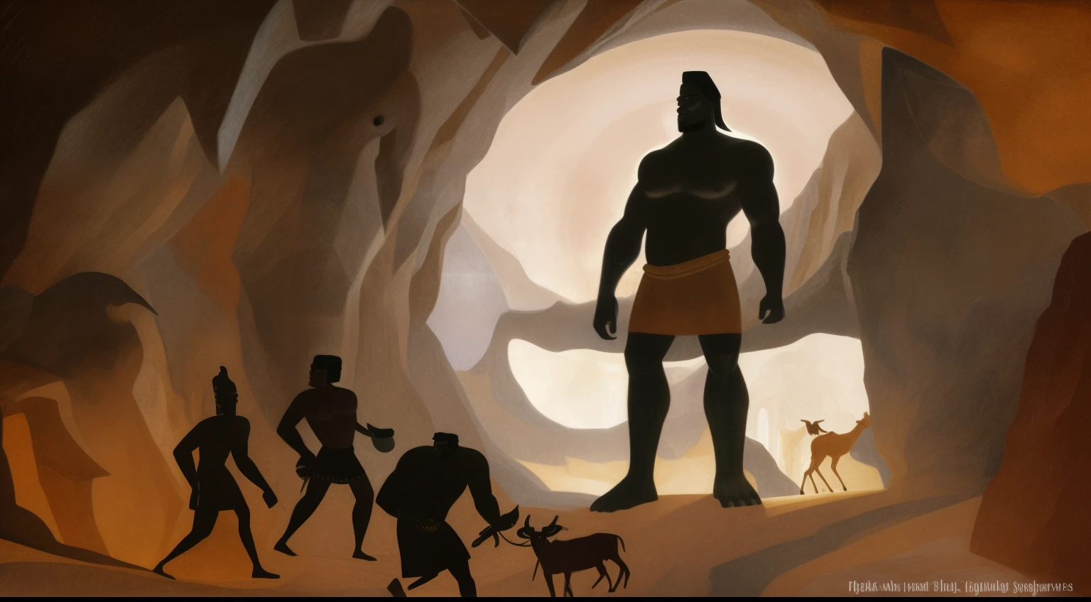 Illustration of a man with a goat and people in a cave, author:Aaron Douglas, African mythology, Ancient art, giant titan creature in the center, greek dark myth, he has goat man legs, The dawn of humanity, Paleolithic cave paintings, Paleolithic painting, epic biblical description, Fantasy Proto-Slavic Mythology, author:Lotte Reiniger, Cave painting