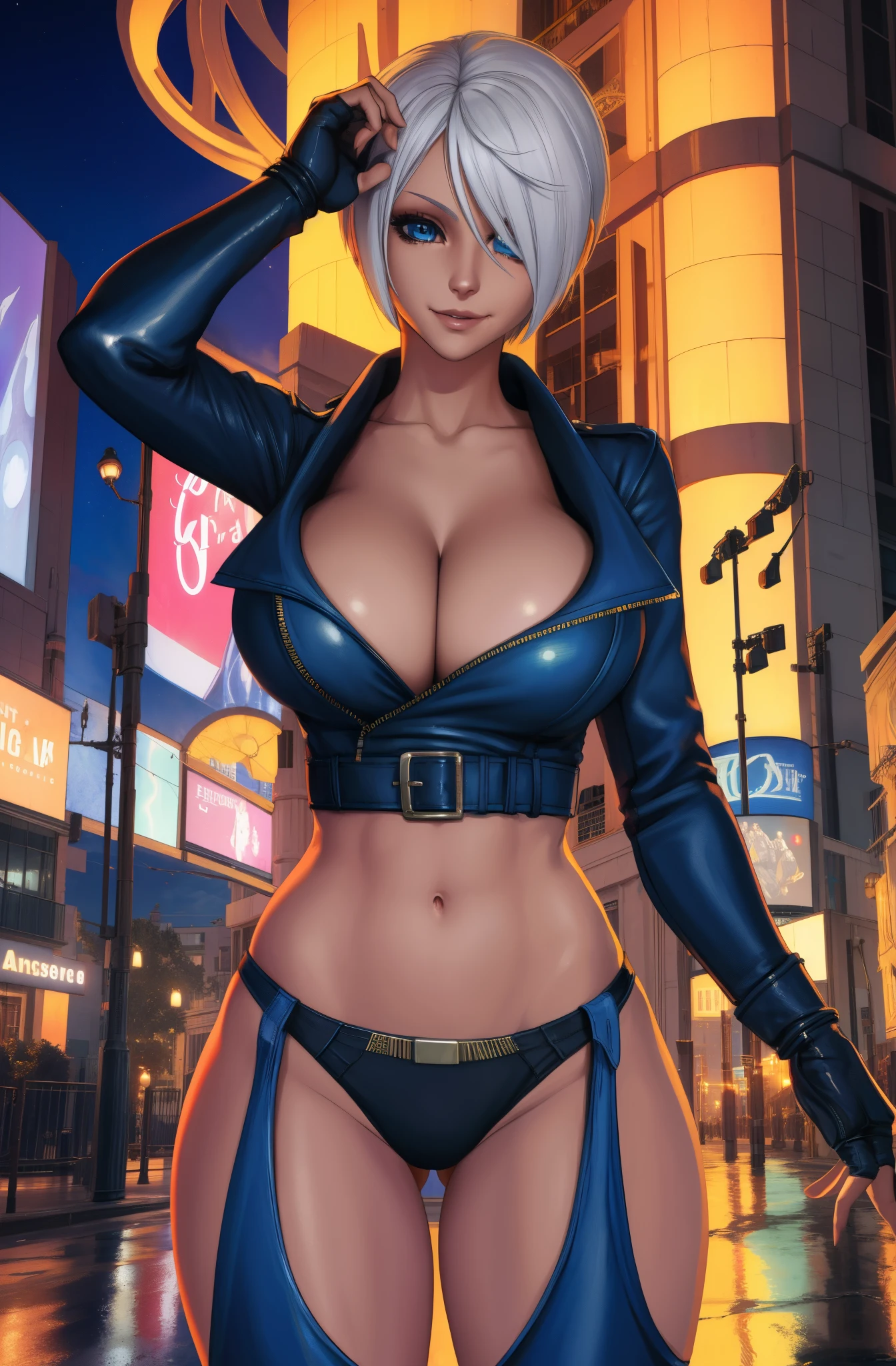 angelkof, white hair, short hair, blue eyes, 
 cropped jacket,  navel, zipper, fingerless gloves, underwear,  chaps, cleavage,   
standing,  upper body,  from below,   light smile, full body shot,
city,  concert,   night, 
(insanely detailed, beautiful detailed face, beautiful detailed eyes, masterpiece, best quality),solo,