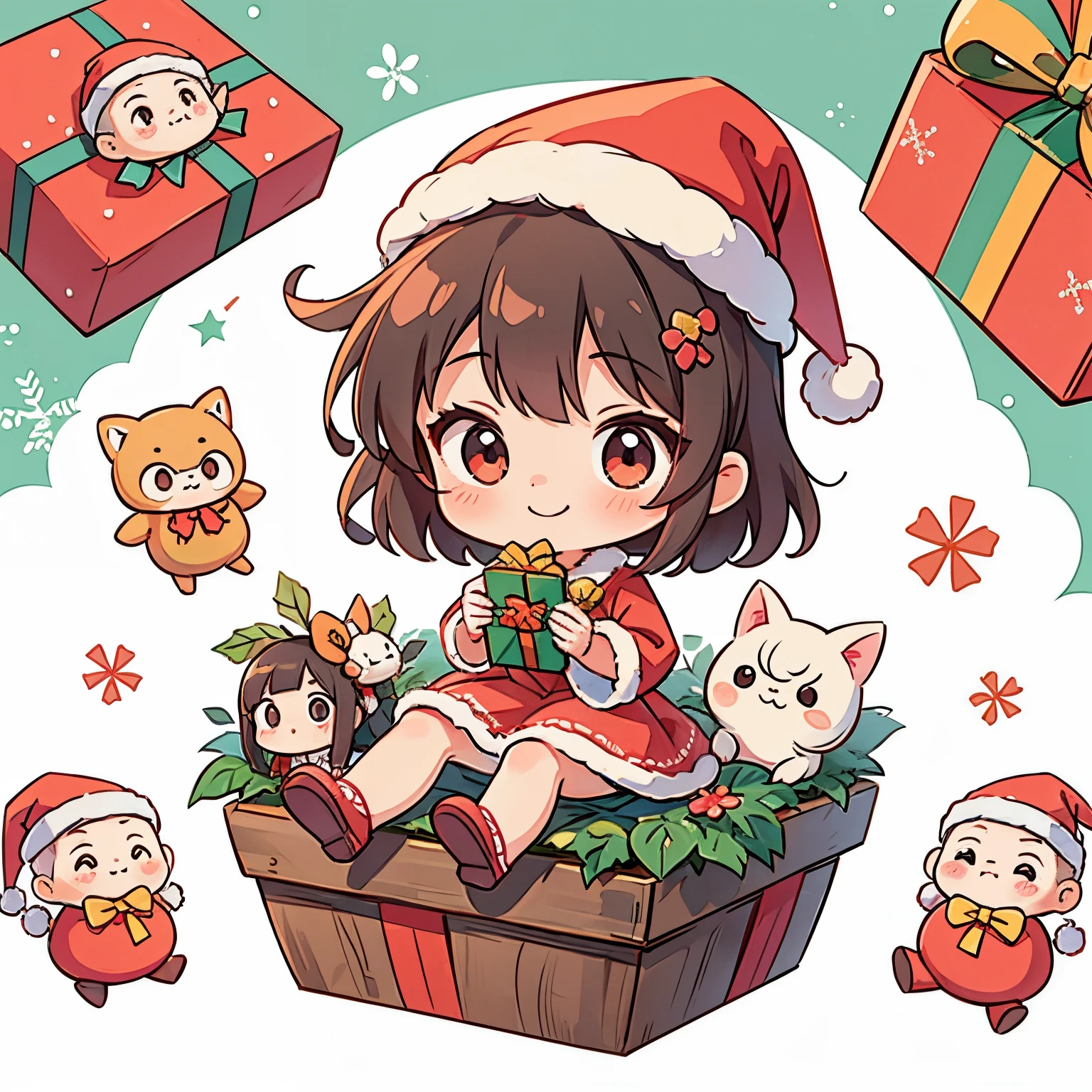 独奏,fundo vermelho,A cute girl dressed as Santa Claus and a gift、Smiling chibi doll