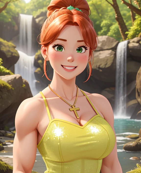 attractive welsh woman, ripped muscle, muscular body, pale skin, smile(blush), sequin sundress, cross pendant, sixpack abs, [ultra detailed skin:1.2], ginger hair, green eyes, hair bun, 8k uhd, full body, crowd, public, forest, waterfall, standing,