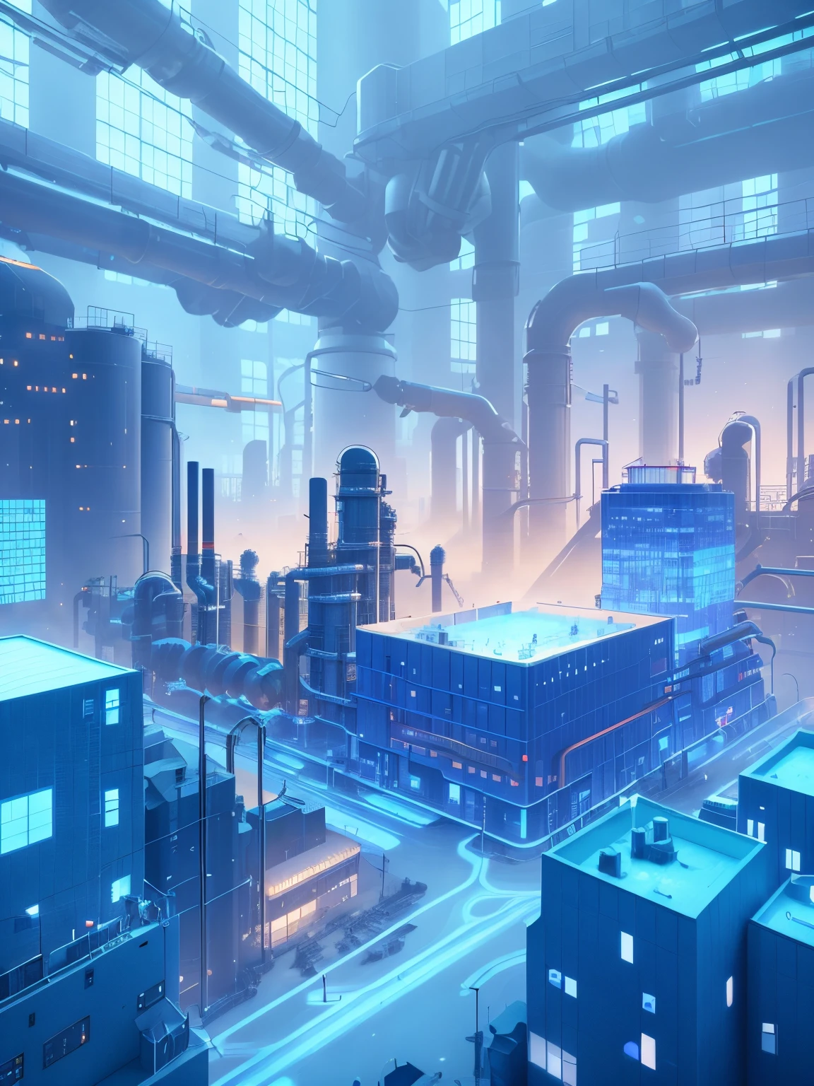 (high qulity)Full screen,view from long distance,Blue gradient frosted glasrosted glass building,Blue city building scene,Strong white transparent technology feels super wide angle,Play with light and shadow,isometry,Big data,industrial machinery,Low detail industrial background, factory background, Industrial parks, futuristic production facility, chemical plant, detailed photo of virtual world, Detailed city, industrial factory, The city of the future, , industrial photography, Background with, Wayne England, very highly detailed background, industrial setting, interesting background, isometric 3d render, depiction