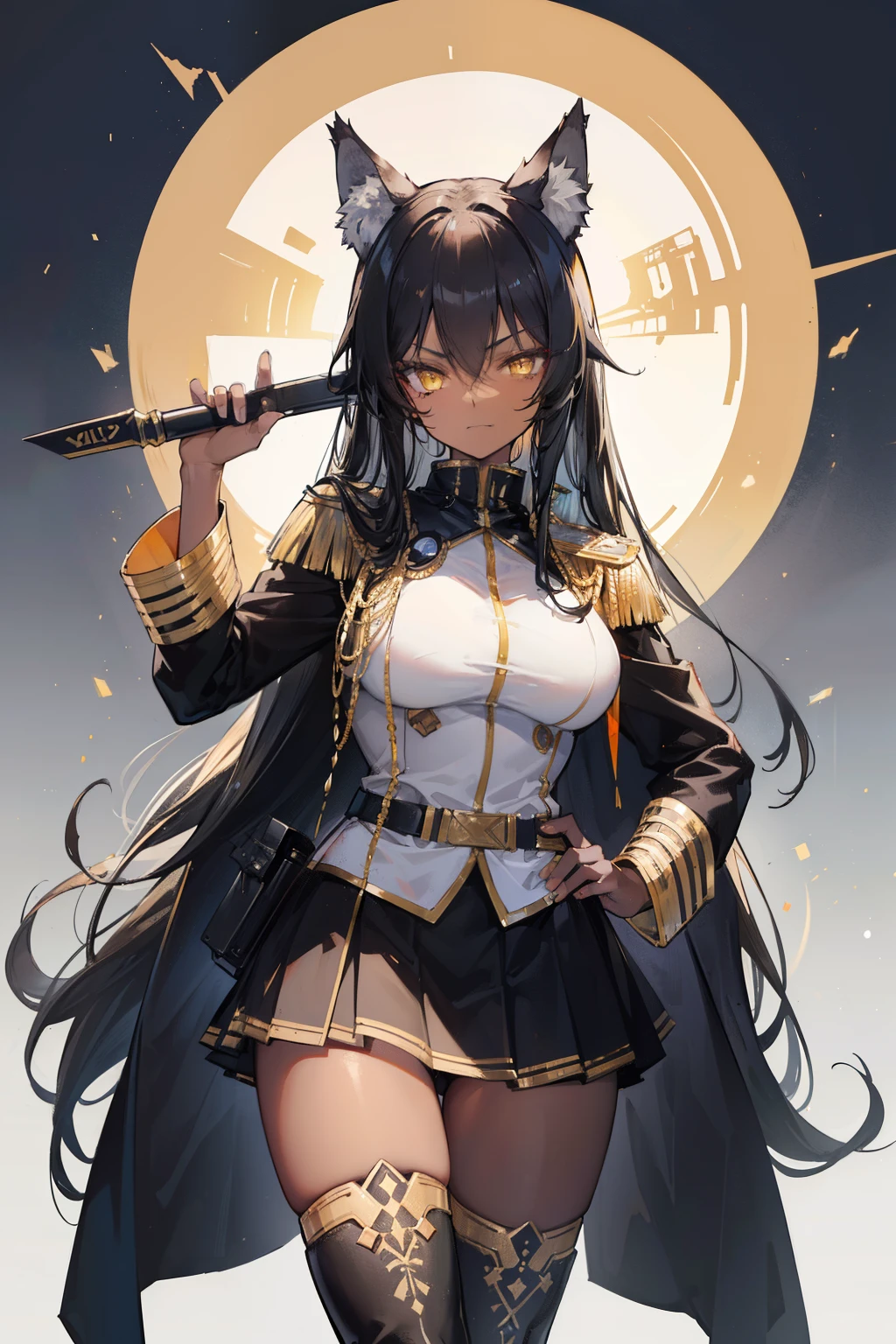 (masterpiece, best quality:1.2), illustration, 8k, hd, 1girl, solo, 1girl, ((tan, dark skin, black hair, wolf ears,)) Egyptian girl, black military uniform, yellow eyes, looking at viewer, roguish smirk, long hair, large breasts, desert, thigh high boots, standing, black skirt, cowboy shot, golden palace,