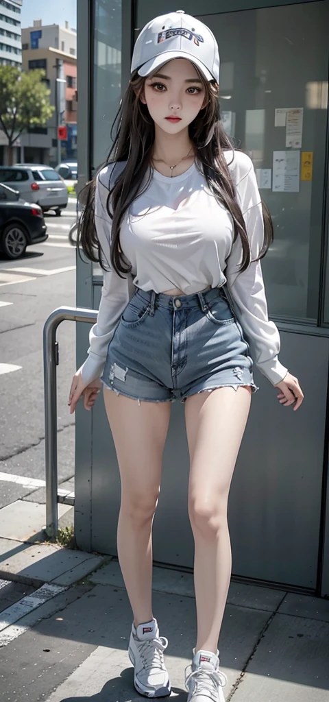realisticlying, A high resolution, 1 Women, Alone, pretty eyes, view the viewer, Close the lips, 详细的脸,，Long gray hair, big chest and thin waist，long leges，Raised sexy，The kinky  exposed，baseball cap，tall female high school student（dressed in：比基尼，，Sports sneakers body photos，street frontage