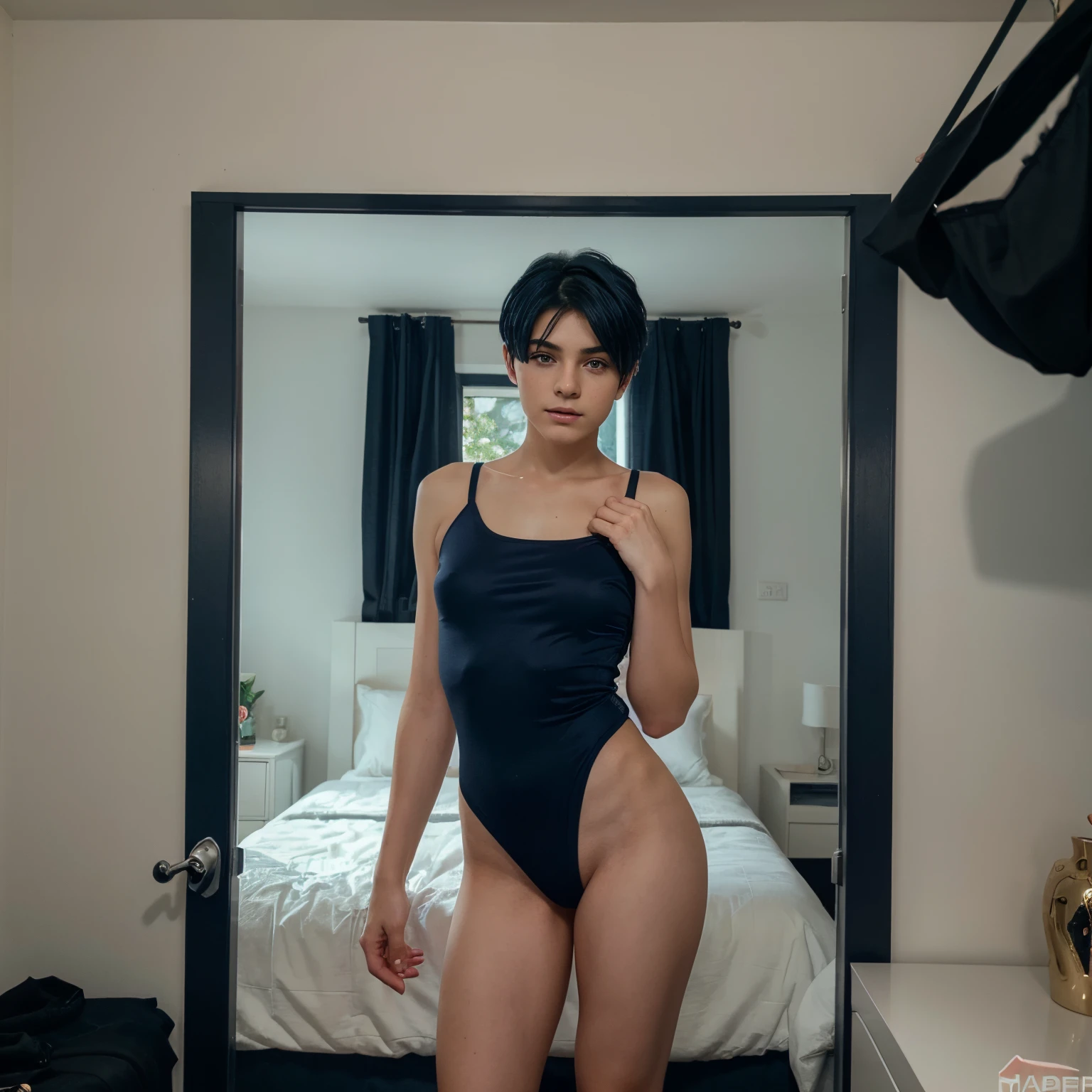 Young boy, boy who has femnine face, femboy, dark blue hair, short hair, dark blue hair, femboy, young boy, hot, sexy, close up of face, young, femnine face, male, pale skin, full body view, full body view, full body view, full body view, wearing contour on face, wearing eyeshadow, femnine face, femnine face, buetifull face, femboy, male, male, male, femboy, twink, femboy, male, young, full body view, full body view, 1boy, in bedroom, looking straight at camera,