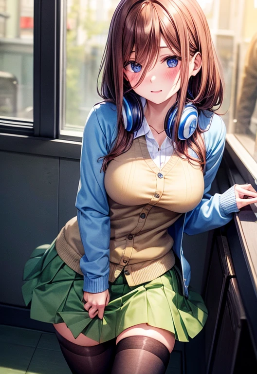 Brown-haired schoolgirl、Green skirt、light blue cardigan、Semi-long hair、Blue headphones、(Pantyhose half-taken off)、red blush、embarassed expression、Western-style toilet、(See-through),(pussy juice)、(no panties),(pussy juice)、(Masturbate)、(masturbation)